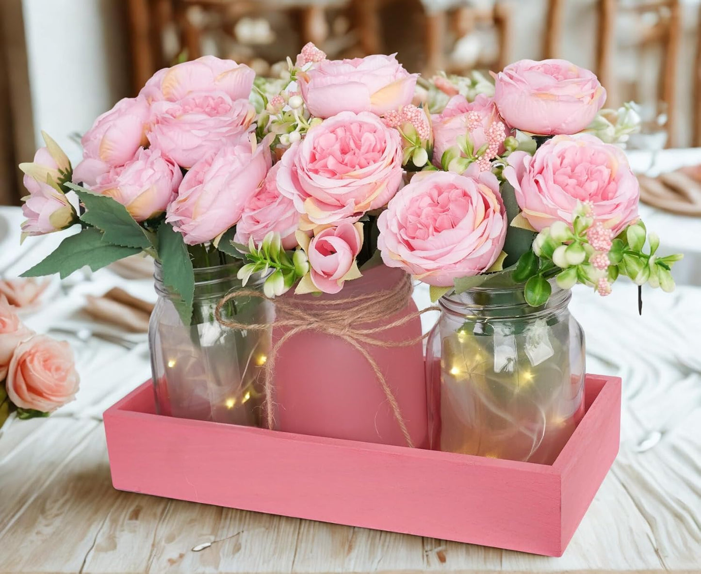 Rustic Pink Mason Jar Centerpiece with Faux Peony Flowers – Floral Decor for Home, Wedding, Kitchen, Table, Office – Farmhouse Tray Vase Set