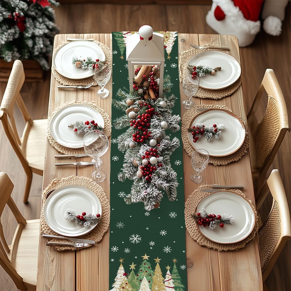 GEEORY Christmas Table Runner 13x108 Inch, Xmas Trees Snowflakes Holiday Decorative Farmhouse Table Decoration for Kitchen Dinning, Indoor Outdoor Dinner Party Decor (Green) GT152-108