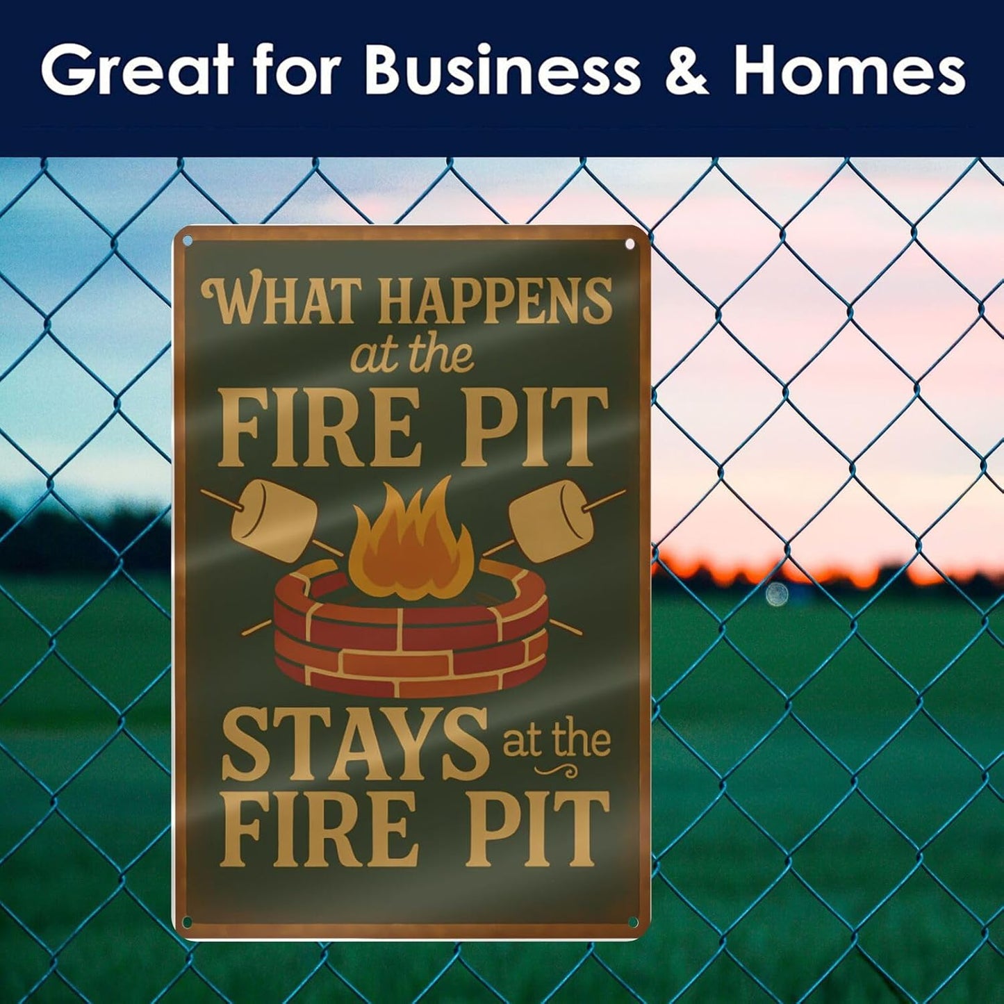 Funny Firepit Metal Sign - "What Happens at the Firepit" Outdoor Wall Decor for Patio, BBQ, Grill, or Campsite - Great Gift for Campers & Dads - 8" x 12"