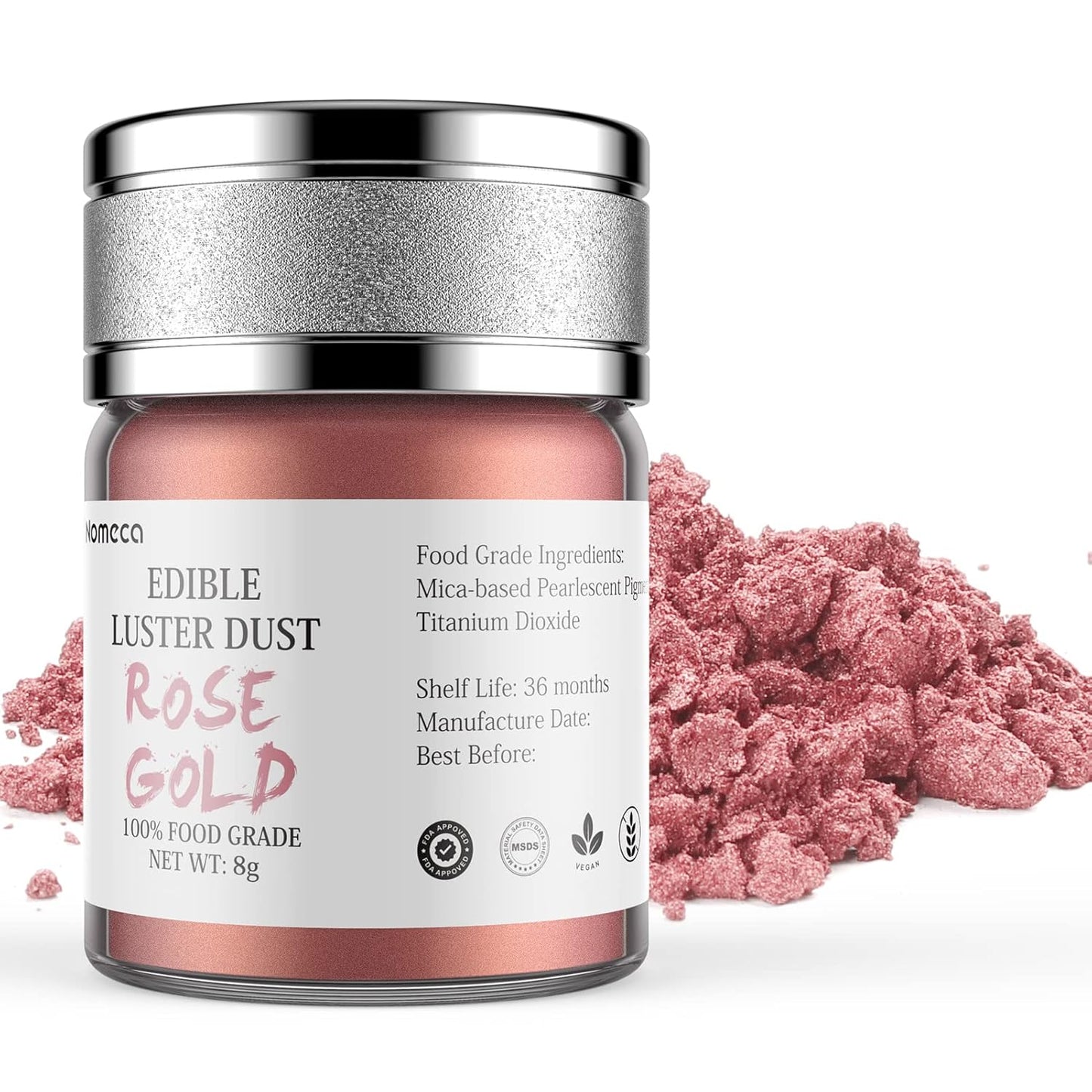 Nomeca Edible Luster Dust, 8 Grams Food Grade Shimmer Gold Cake Dust Metallic Food Coloring Powder for Cake Decorating, Baking, Fondant, Gumpaste, Chocolate, Candy, Drinks, Cookies - Rose Gold