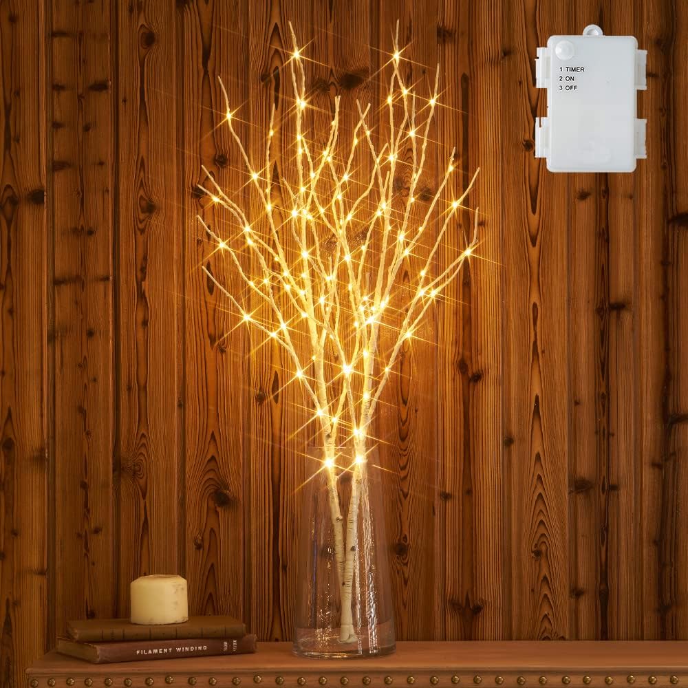 Hairui Lighted Artificial Twig Birch Branch with Fairy Lights 30IN 100 LED Battery Operated, White Willow Branch with Lights for Christmas Holiday Wedding Party Decoration