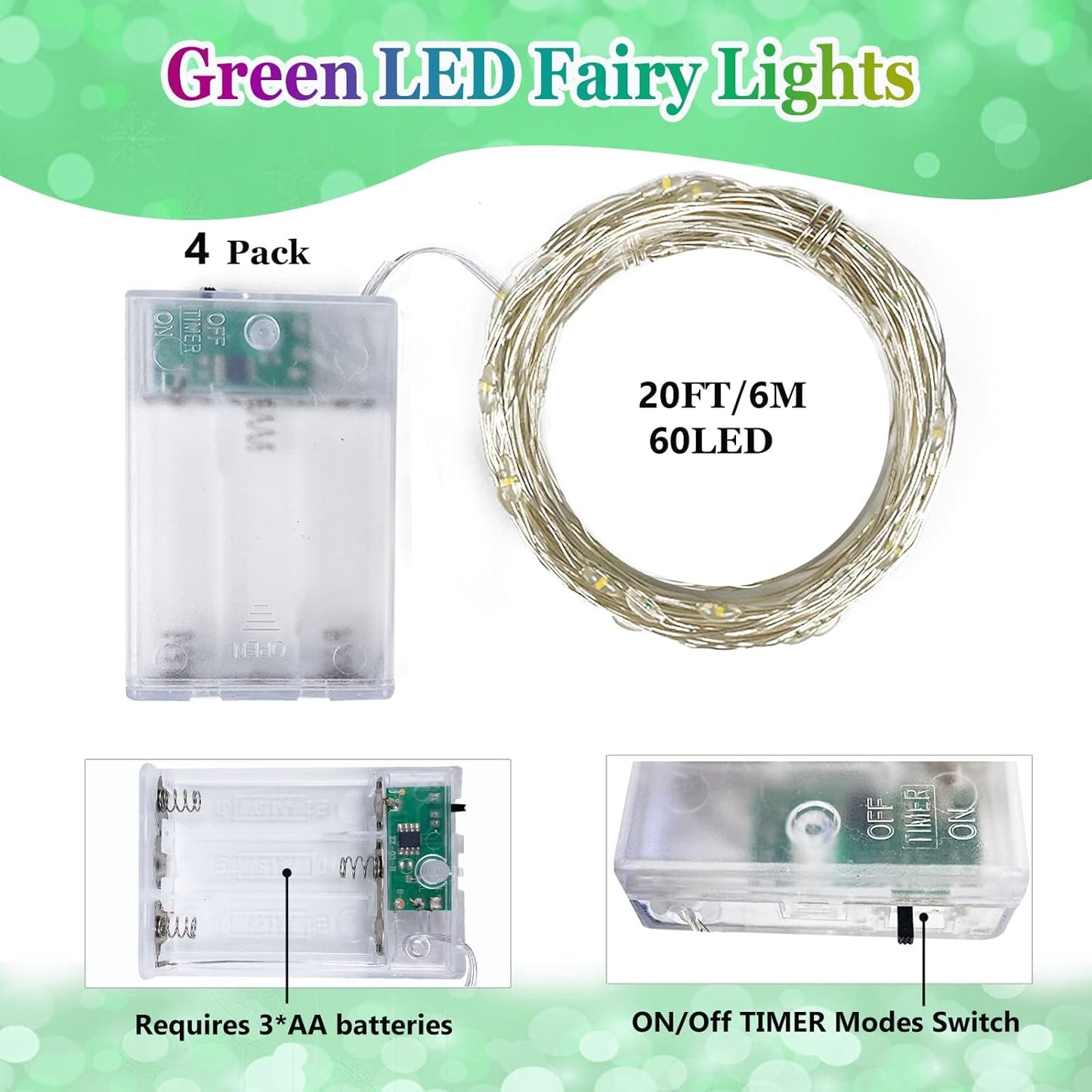 4 Pack 20FT 60LED Halloween Battery Operated Fairy Lights with Timer, Waterproof Battery String Lights Outdoor Indoor, Battery Twinkle Lights for Bedroom Wedding Birthday Party Christmas (Green)