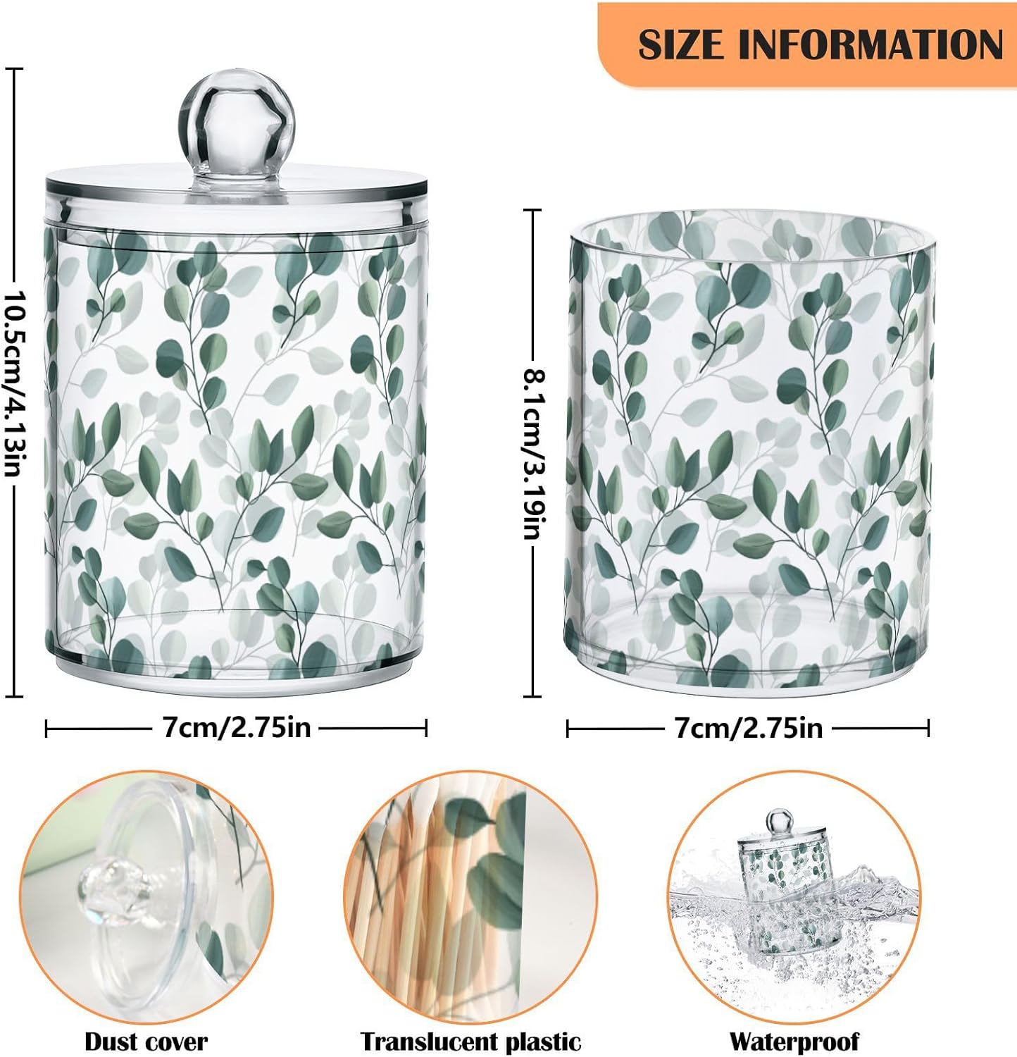 Qtip Holder Dispenser 4 Pack Green Watercolor Floral Leaves Apothecary Jars with Lids Bathroom Vanity Countertop Canister Storage Organizer for Cotton Ball,Swabs,Pads,Floss