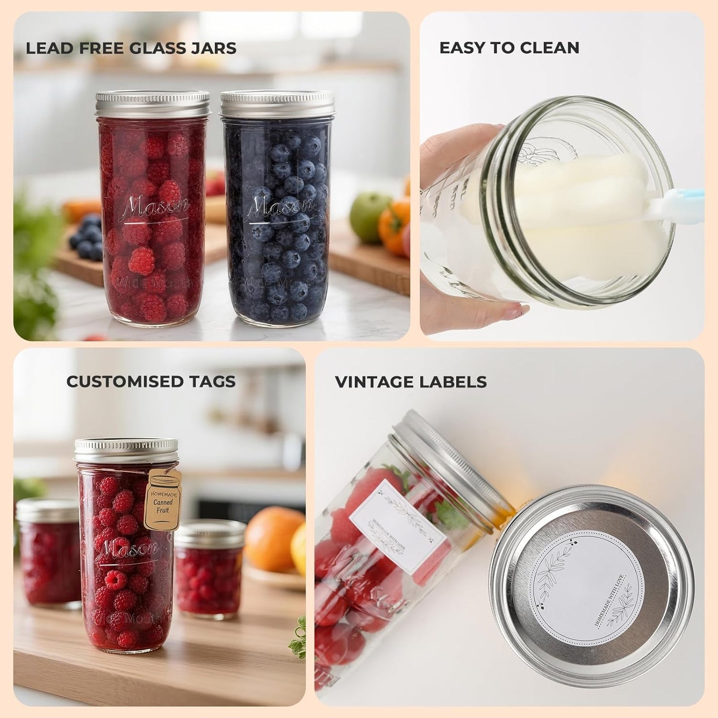 CycleMore 6 Pack Wide Mouth Mason Jars with Airtight Lids and Bands, 24 Oz Canning Glass Jars, Glass Canister for Canning, Fermenting, Pickling, Meal Prep, Overnight Oats, Jam, Jelly