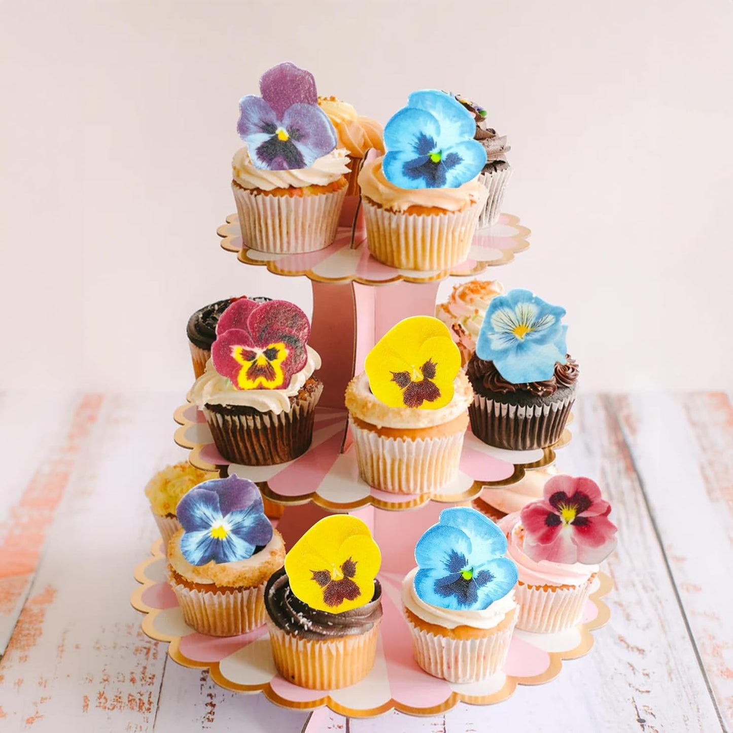 Ephlyn 60Pcs Wafer Paper Flower Cupcake Toppers Spring Bridal Engagement Baby Shower Birthday Party Cupcake Picks Anniversary Party Decorations Supplies