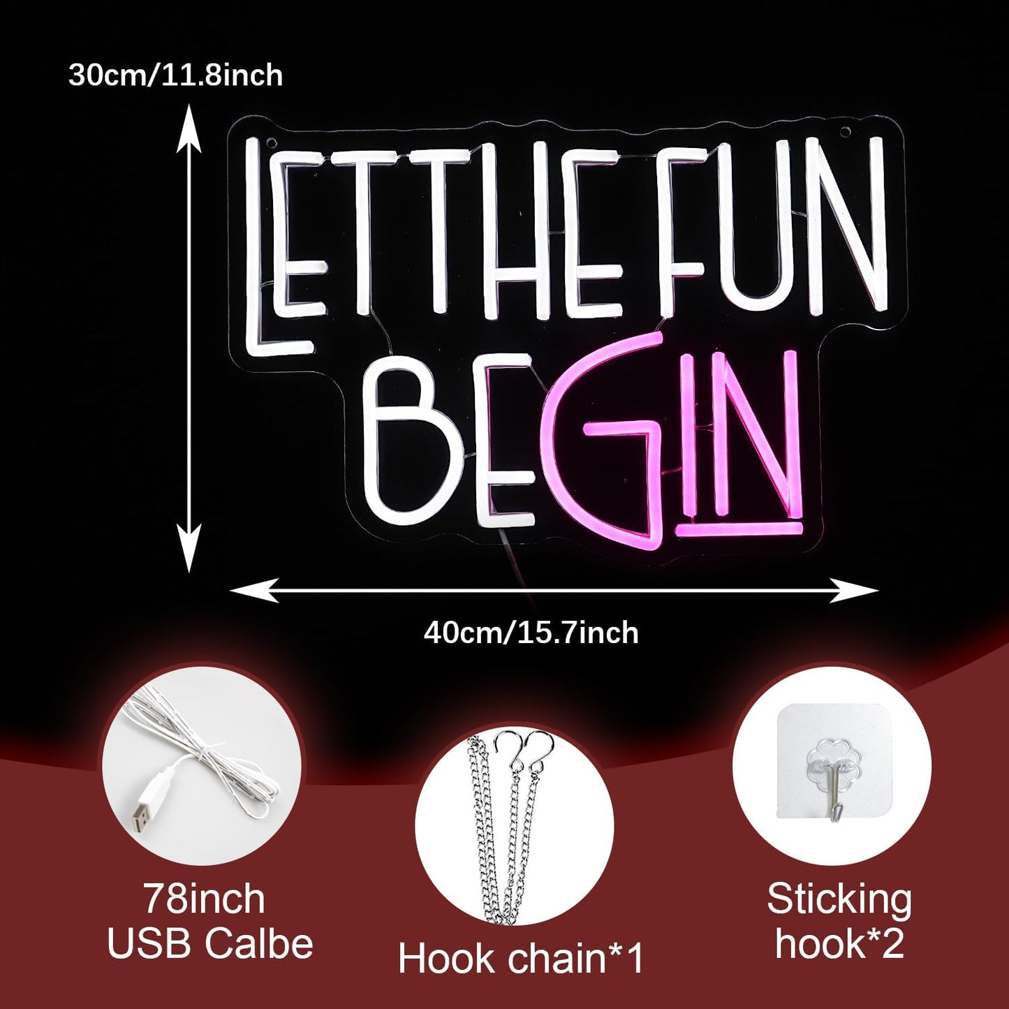 Let The Fun Begin Neon Sign USB Powered White Pink Fun Light Up Sign for Wall Decor Dimmable Led Letters Neon Light for Birthday Wedding Halloween Christmas Party Home Decor (15.8 * 11.8In)