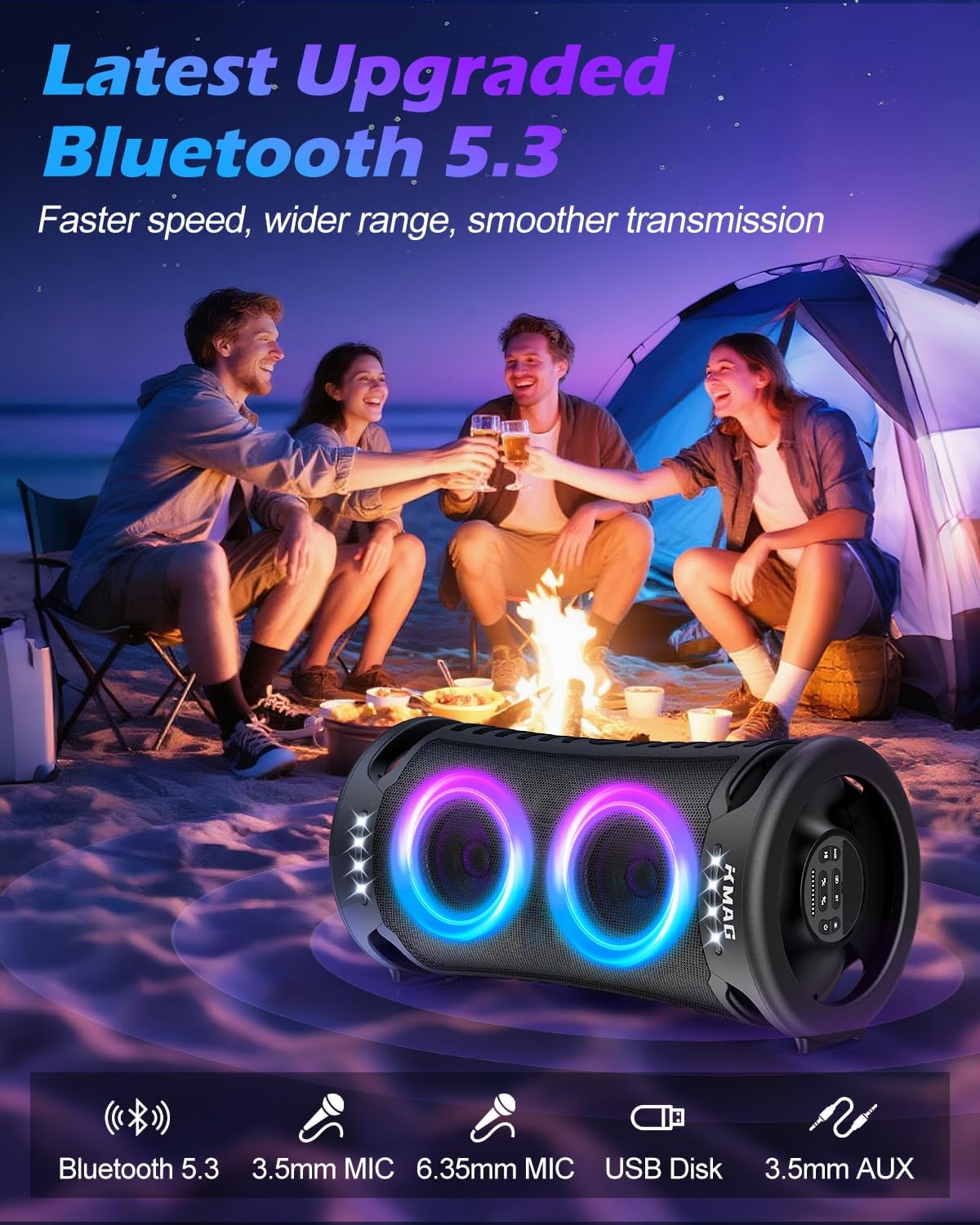 Large Bluetooth Speaker, 260W Peak Powerful Loud Sound with Deep Bass, 15Hr Playtime, Fast Charge, TWS, Cool Lights, Portable Outdoor Speaker Wireless for Party, Camping, Beach, Backyard, Home, Work