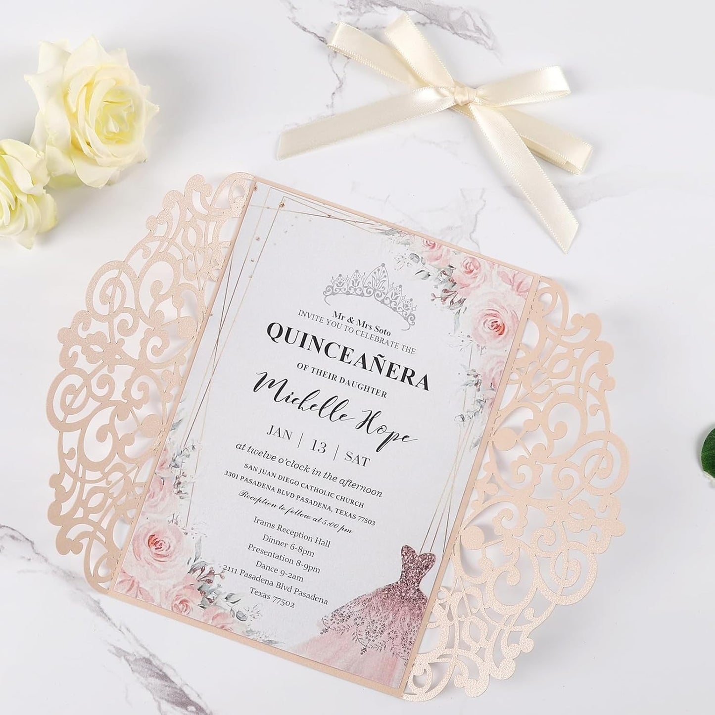 50pcs Blush Pink Wedding Invitations With Envelopes and Rsvp Cards 5x7 Inches Laser Cut Wedding Invitation Pockets for Bridal Shower QuinceañEra Engagement Birthday Invites