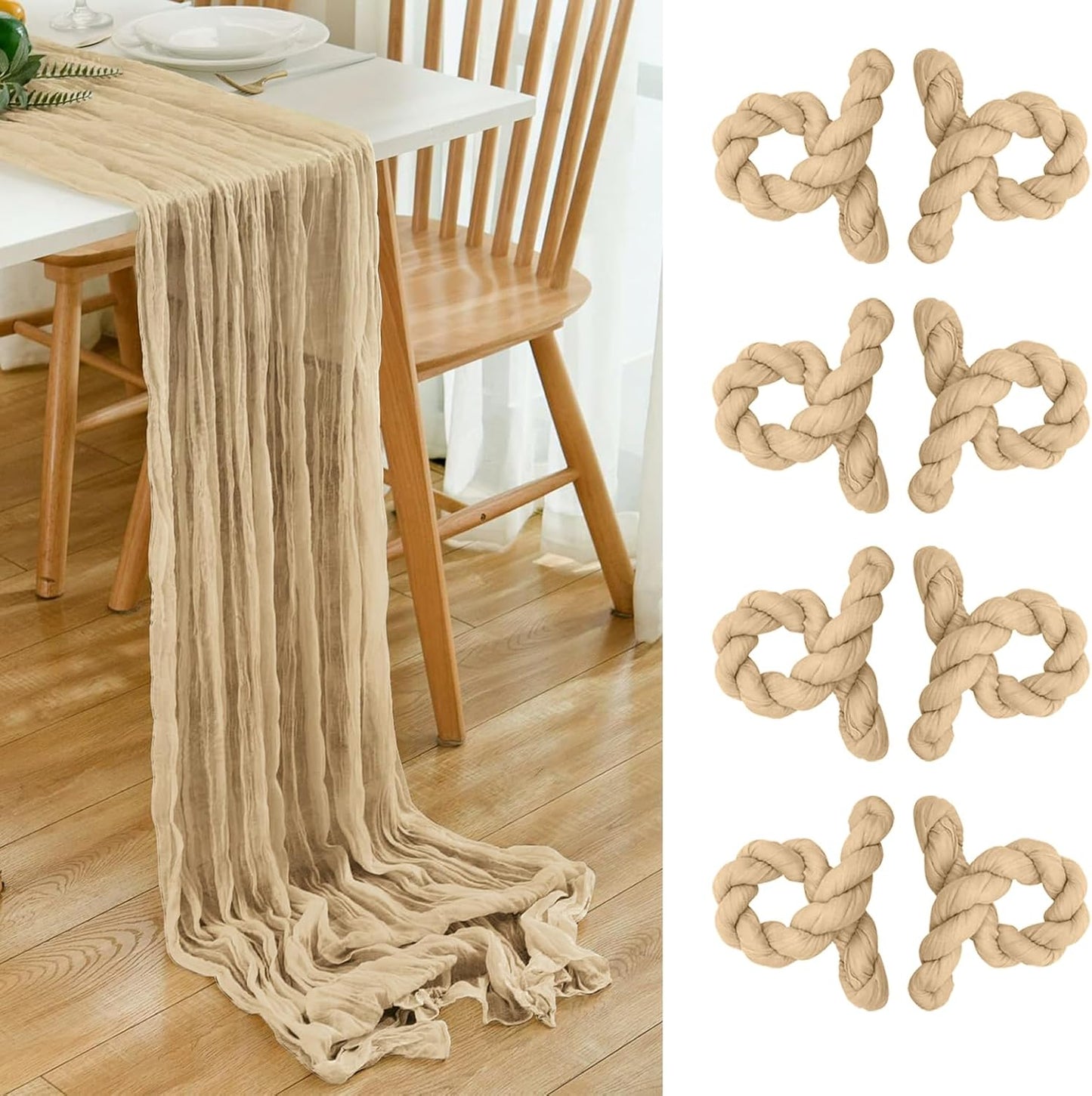 8 Pack 10Ft Beige Boho Gauze Cheesecloth Table Runner Long Wrinkled Sheer Romantic Table Cloths for Wedding Bridal Shower Birthday Party Table Decor
