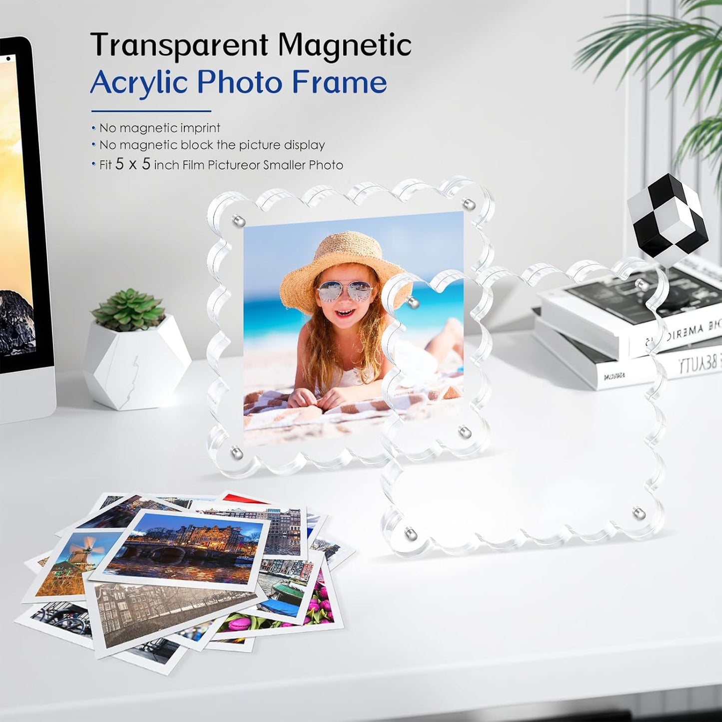 Acrylic Picture Frames. 5×5inch 6Pack - Double-Sided Scalloped Photo Frame, 20mm Ultra-Clear Block, Modern Desktop Display for Home/Office Decor (6 Pack, 5X5)