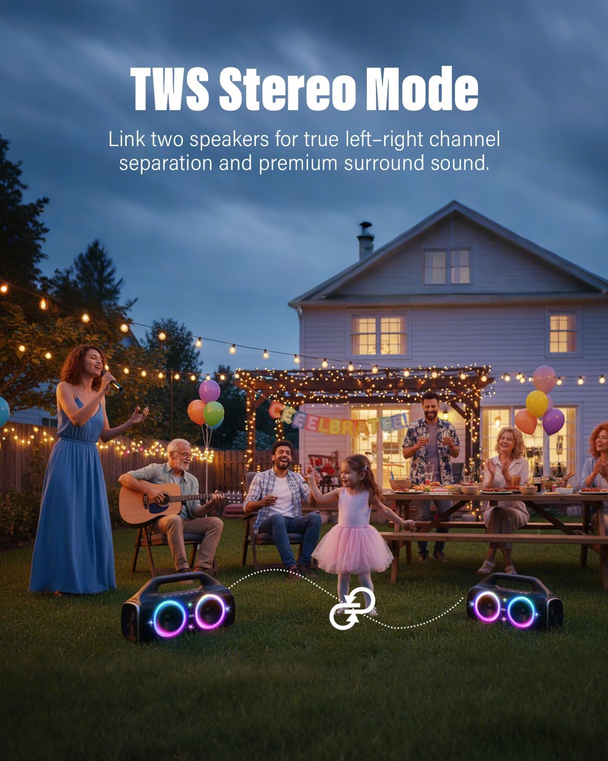 Speakers, 80w (Peak) Portable Wireless Speaker with Lights, Stereo Loud Sound, IP67 Waterproof, Deep Bass Outdoor Speakers Bluetooth 5.0 Dual Pairing for Home Party Beach Camping, Gifts