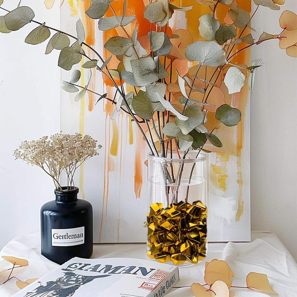 HappyFiller Fall Christmas Decoration Fake Gold Nuggets Faux Ice Rocks Cubes Acrylic Gems Pirate Treasure Gems,Gold Vase Fillers,Wedding Table Scatters,Crafts,Home Accents,13 OZ