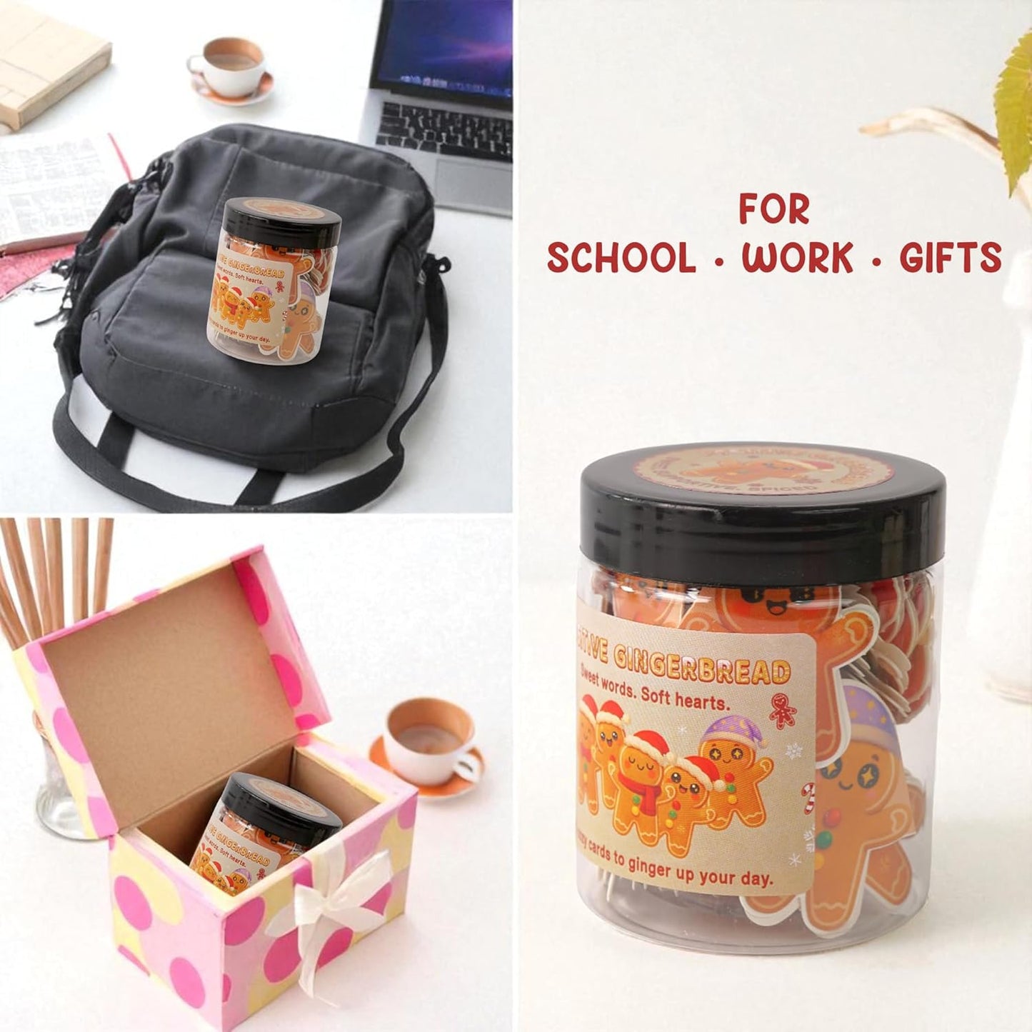 Positive Gingerbread Jar – 60 Funny Emotional Support Gingerbread, Christmas Gifts for Teens, Women, Men, Coworkers, Teachers, Sisters, Friends – Christmas Stocking Stuffer for Teen Girls, Boys, Women