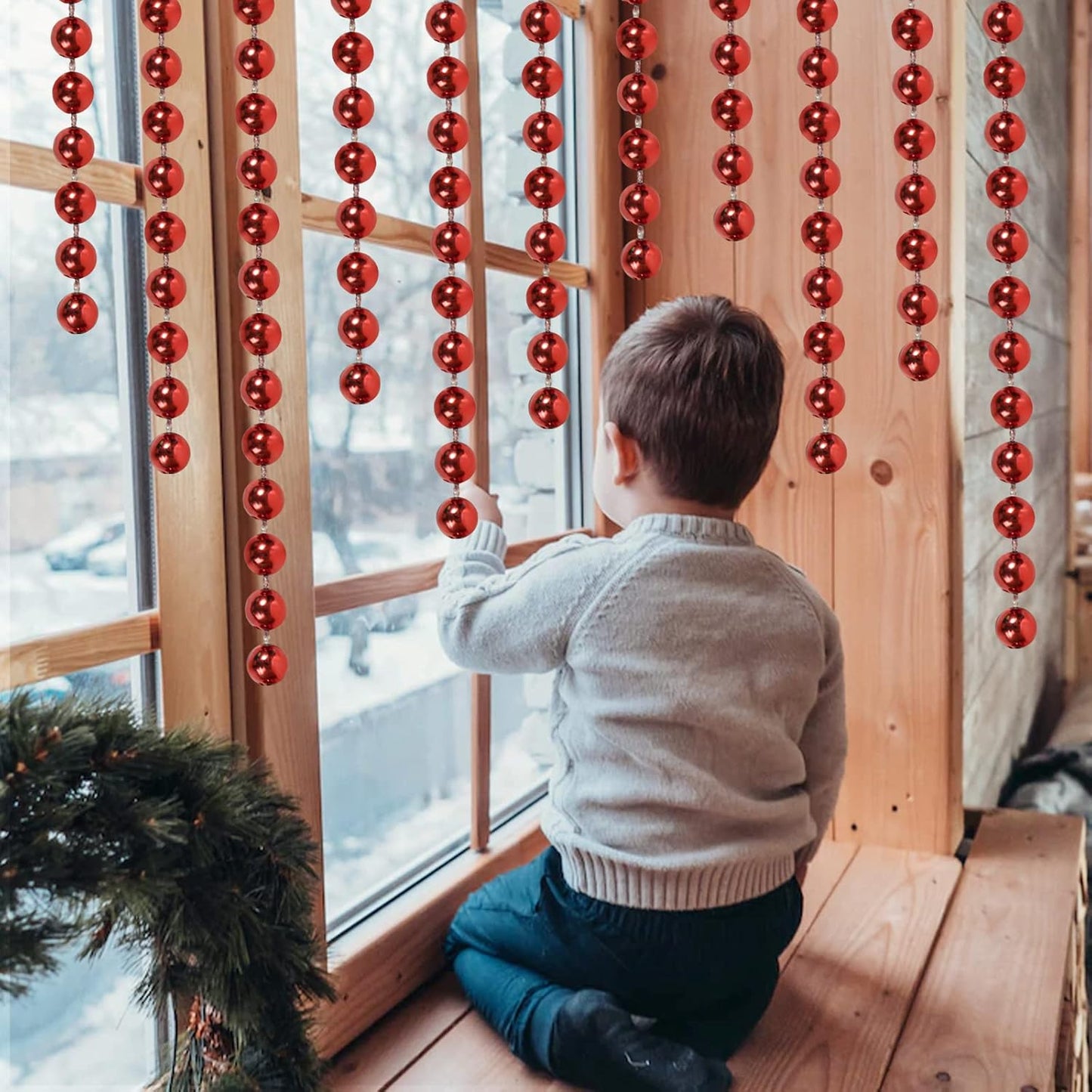 Faux Red Pearl Beads Garland - 10mm Christmas Tree Beads, 11 Yards Red Pearl Strands Spool for Wedding Party & Christmas Tree Decoration