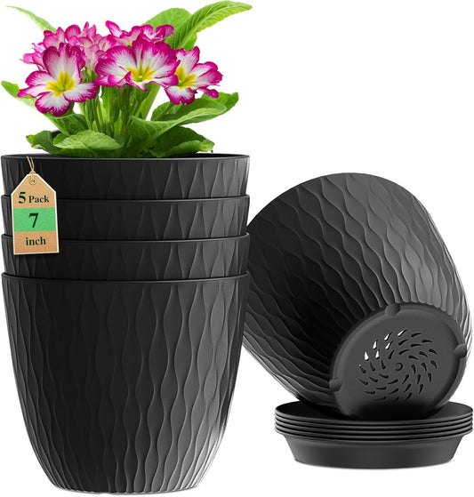 7 inch Plant Pots, 5 Pack Flower Pots with Drainage Holes and Saucers for Indoor Plants, Plastic Planters with Water Ripple for Small Garden House Plants, Nursery Pots for Succulent, Black