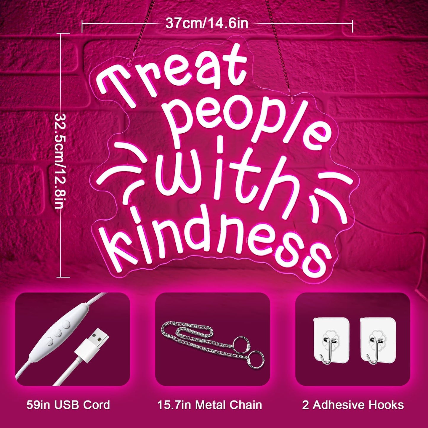 Treat People with Kindness Neon Sign,Pink Led Neon Signs for Wall Decor,Dimmable Inspiring Letter Neon Lights USB Be Kind Light Up Signs for Bedroom Classroom Kids Room,Gift for Boys Girls