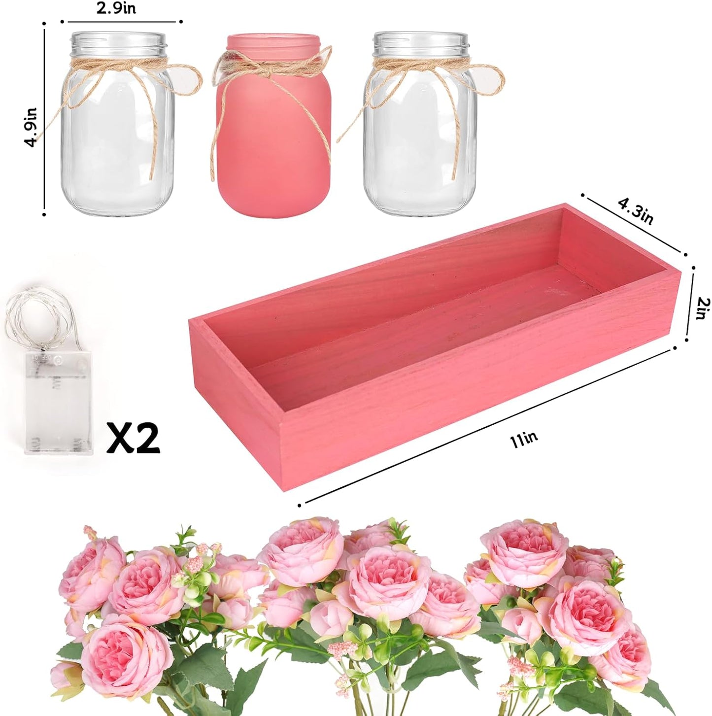 Rustic Pink Mason Jar Centerpiece with Faux Peony Flowers – Floral Decor for Home, Wedding, Kitchen, Table, Office – Farmhouse Tray Vase Set