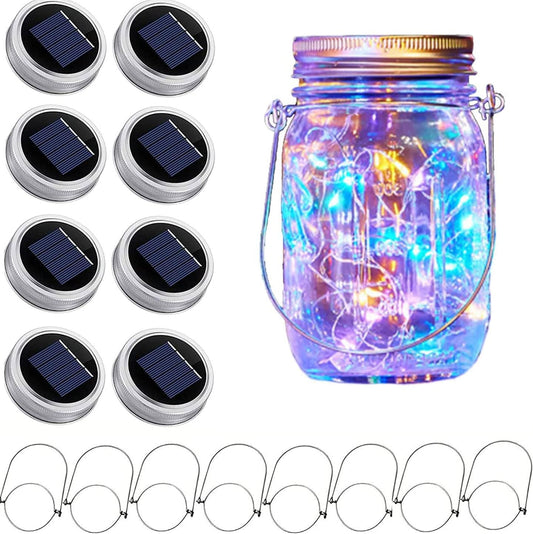 Solar Mason Jar Lid String Lights, 8 Pack 20 Led String Fairy Star Firefly Jar Lids Lights with 8 Hangers Included, for Patio Garden Wedding Lantern (Multi-Colored)