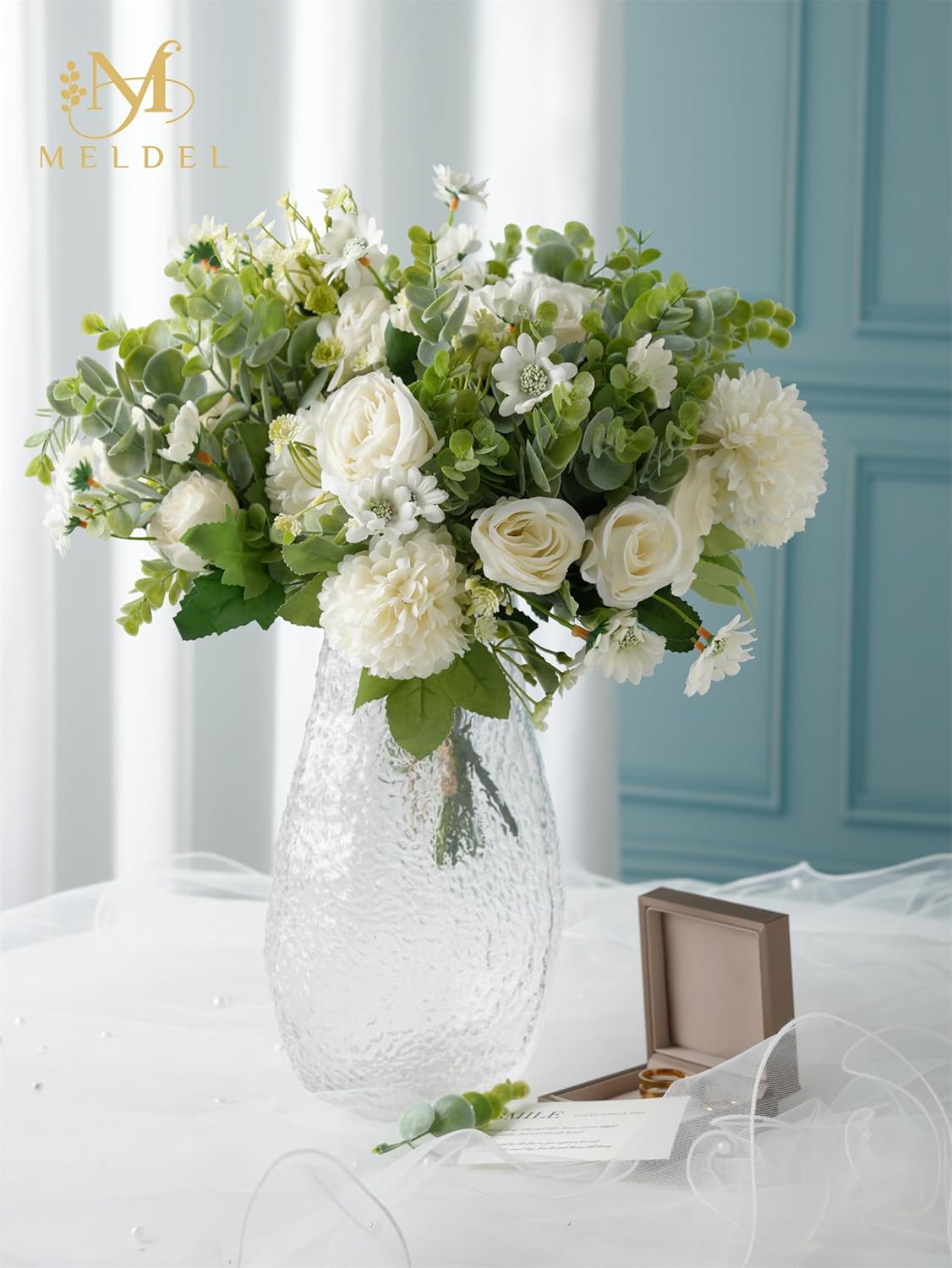 Meldel 3 Pcs Bouquet Rose Artificial Fake Flowers Eucalyptus Plants Faux Silk Flower Arrangements Wedding Bouquets Decorations Floral Table Centerpieces for Home Kitchen Garden Party Decor (White)