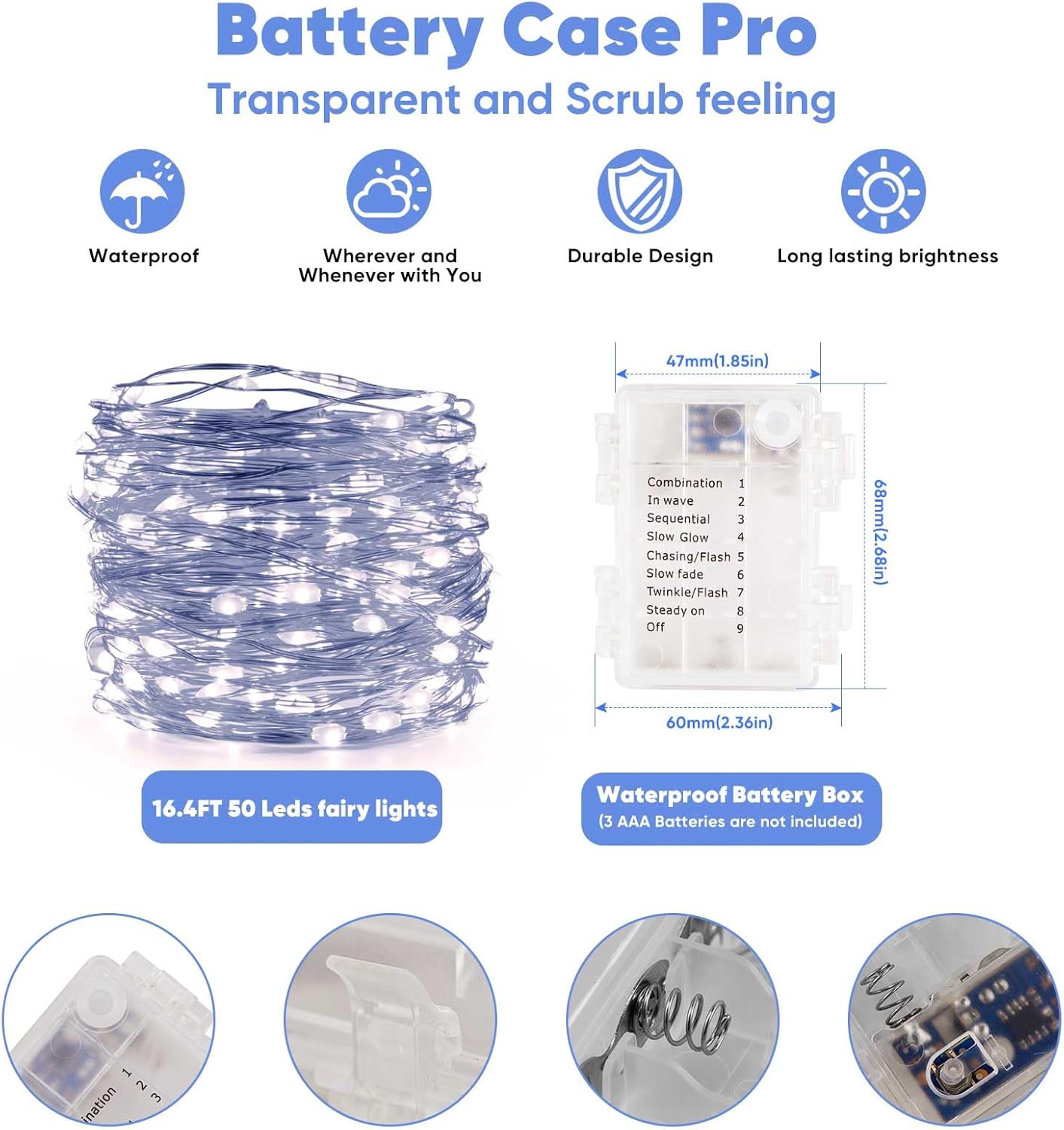 2 Pack 16.4 Ft. Battery Operated Outdoor String Lights with Remote & Timer, LED Cool White Fairy Lights, Waterproof Twinkle Lights for Bedroom, Dorm, Mason Jar, Wedding, Party, Christmas