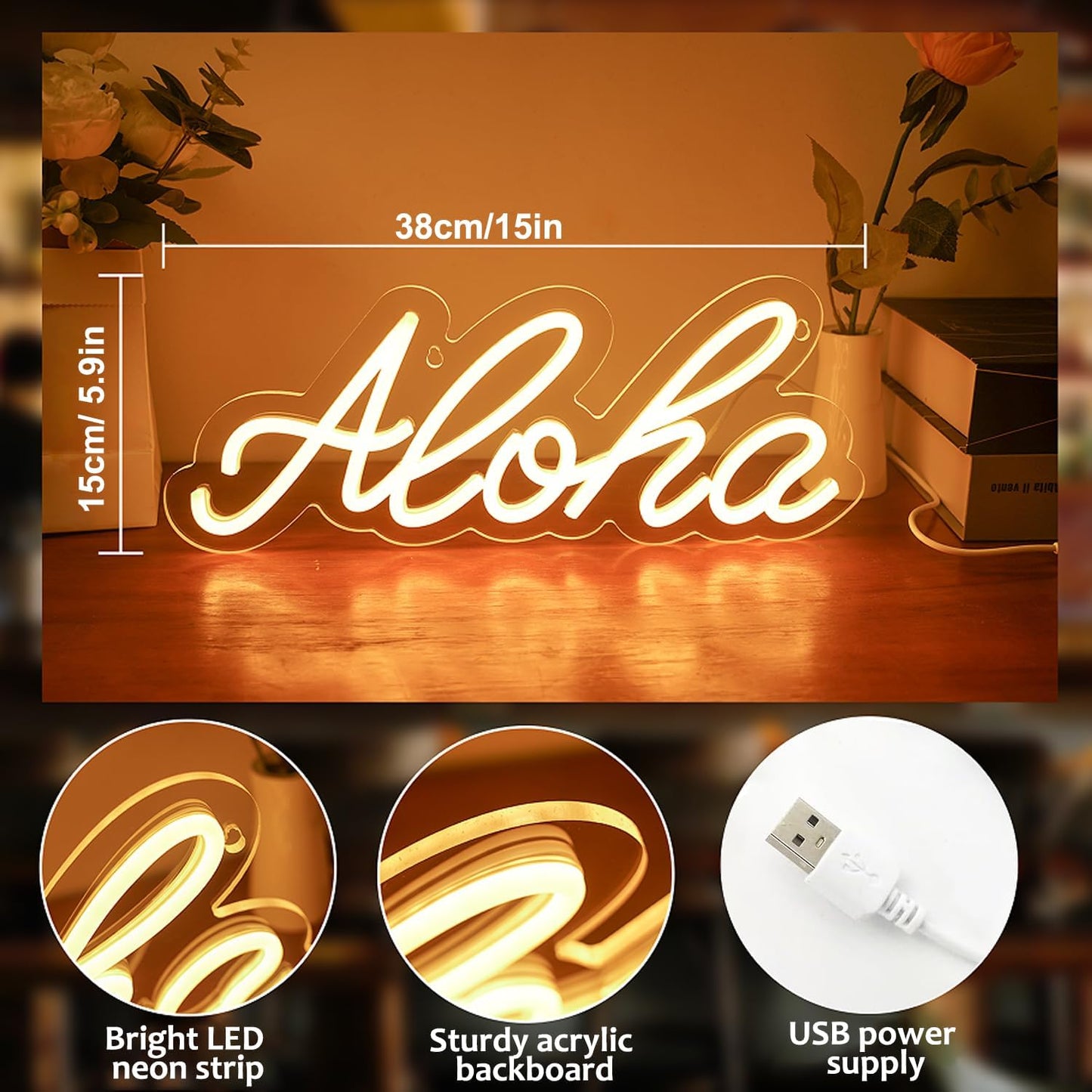 Aloha Neon Light Aloha Warm White Neon Sign for Wall Decor, 15"x5.9" LED Neon Art Decorative Lights with Dimmer Switch USB Operated for Home, Bar Club Wedding and Party Decor, Christmas, Birthday Gift