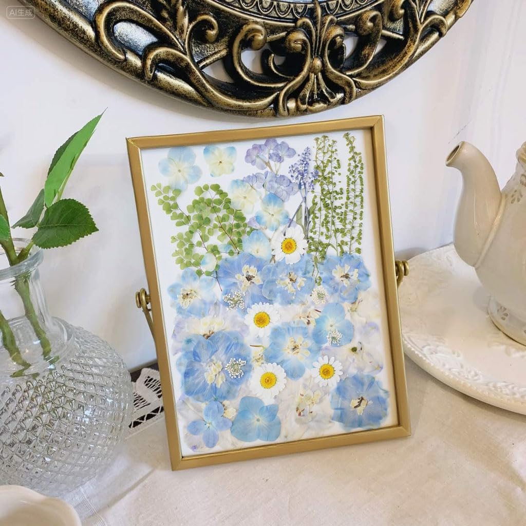 Real Dried Pressed Flowers Leaf Plant Herbarium for Crafts Resin Jewelry Making, Floral Cake Decorations-Fog Blue