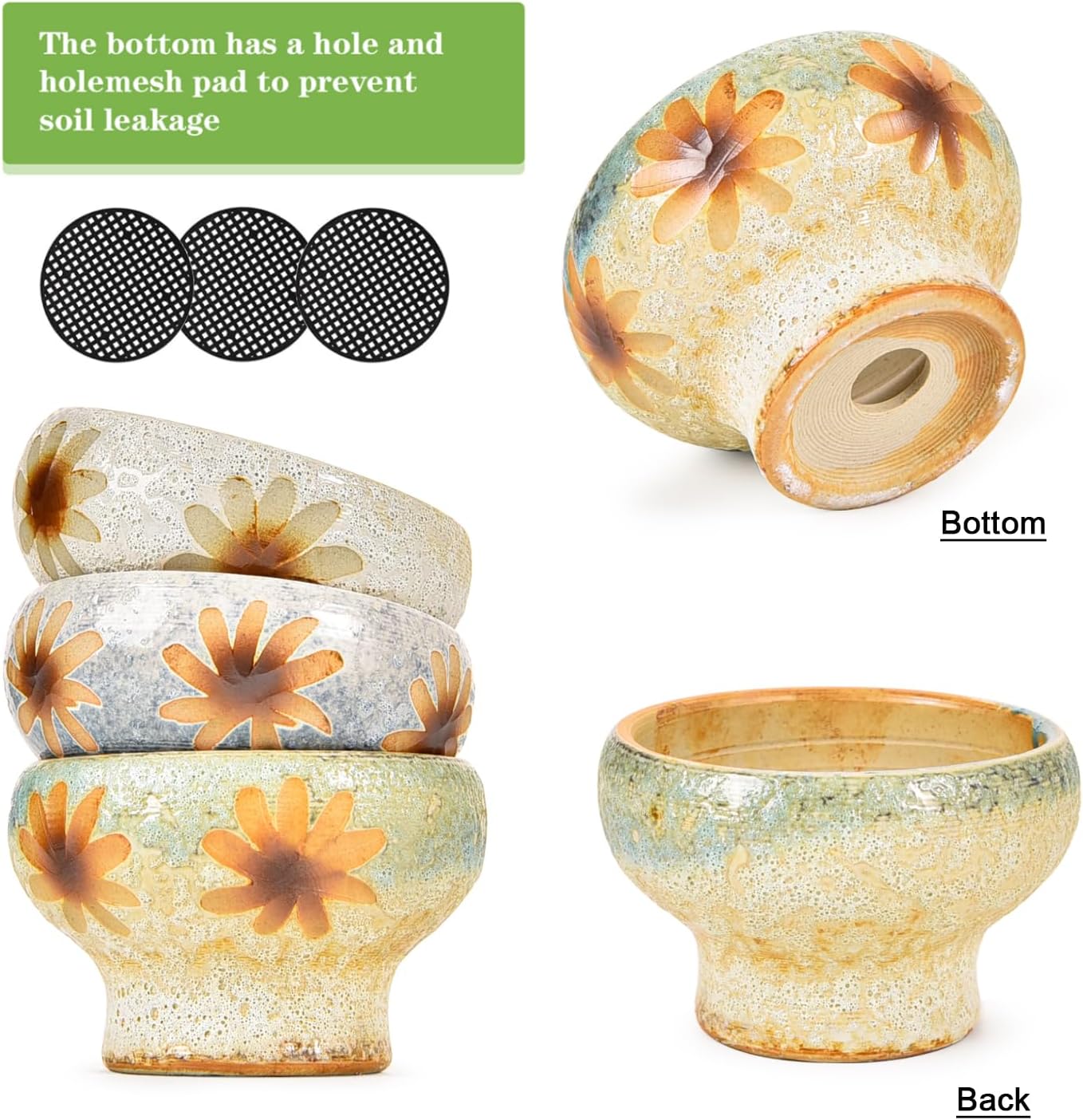 Sungmor Small Succulent Planters Set of 3, Beautiful Hand Crafted Ceramic Plant Pots Cute Cactus Pot, 4.9 Inch Flower Pots for Indoor Plants with Drainage, Desktop Windowsill Home Office Decor Pots