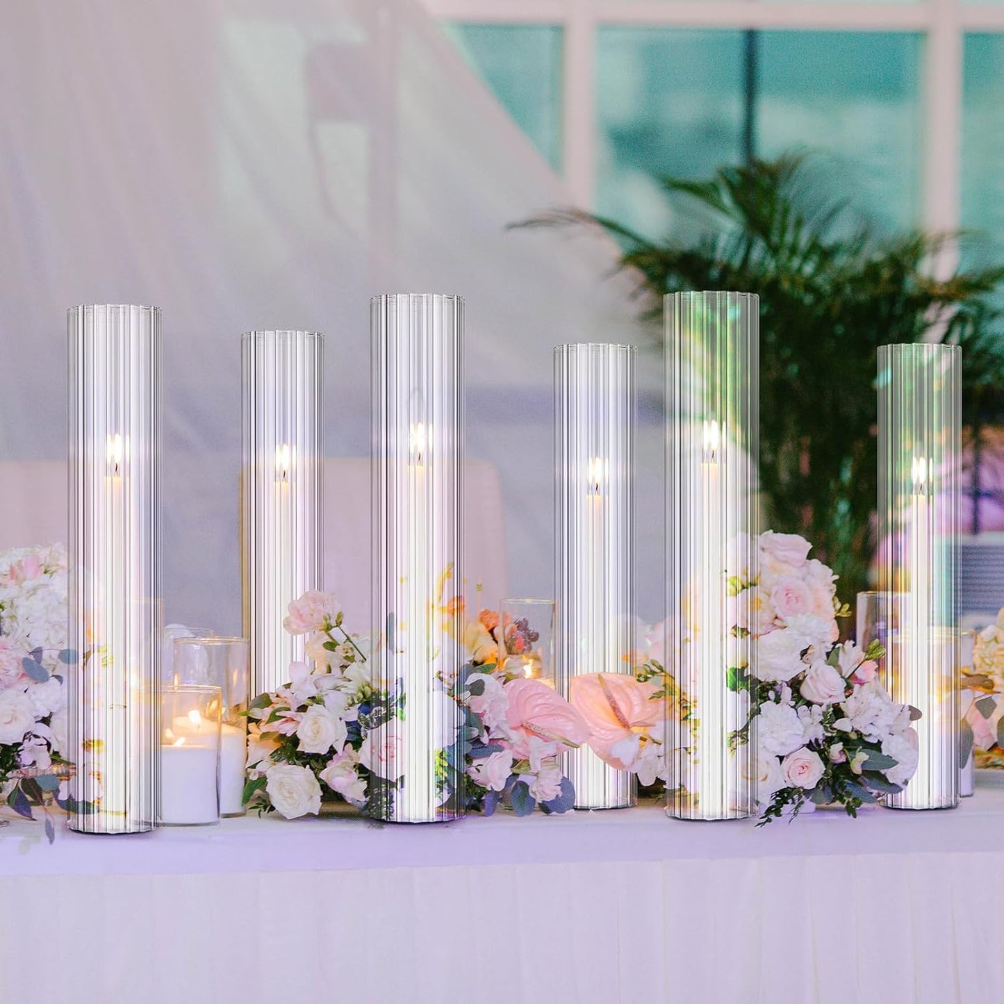 12 Pcs Hurricane Glass Candle Holders 2.5 x 14 Open Ended Tube Ribbed Shade Bottomless Chimney Cylinder Taper Candle Cover for Wedding Anniversary Table Centerpiece