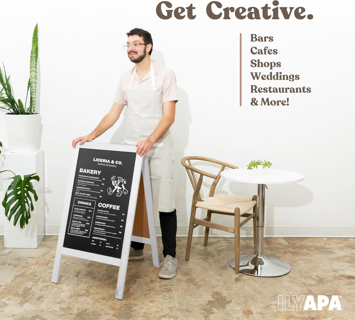 Ilyapa Wooden A-Frame Sign with Eraser & Chalk - 40 x 20 Inches Magnetic Sidewalk Chalkboard – White Menu Display for Restaurant, Business Or Wedding