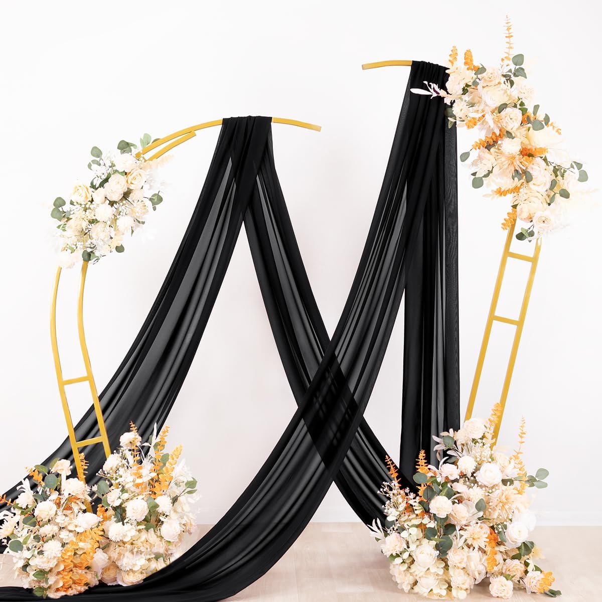 Socomi Wedding Arch Draping Fabric 3 Panels 29" x 18Ft Black Sheer Curtain Drapes 6 Yards for Wedding Baby Shower Ceremony Birthday Party Decoration
