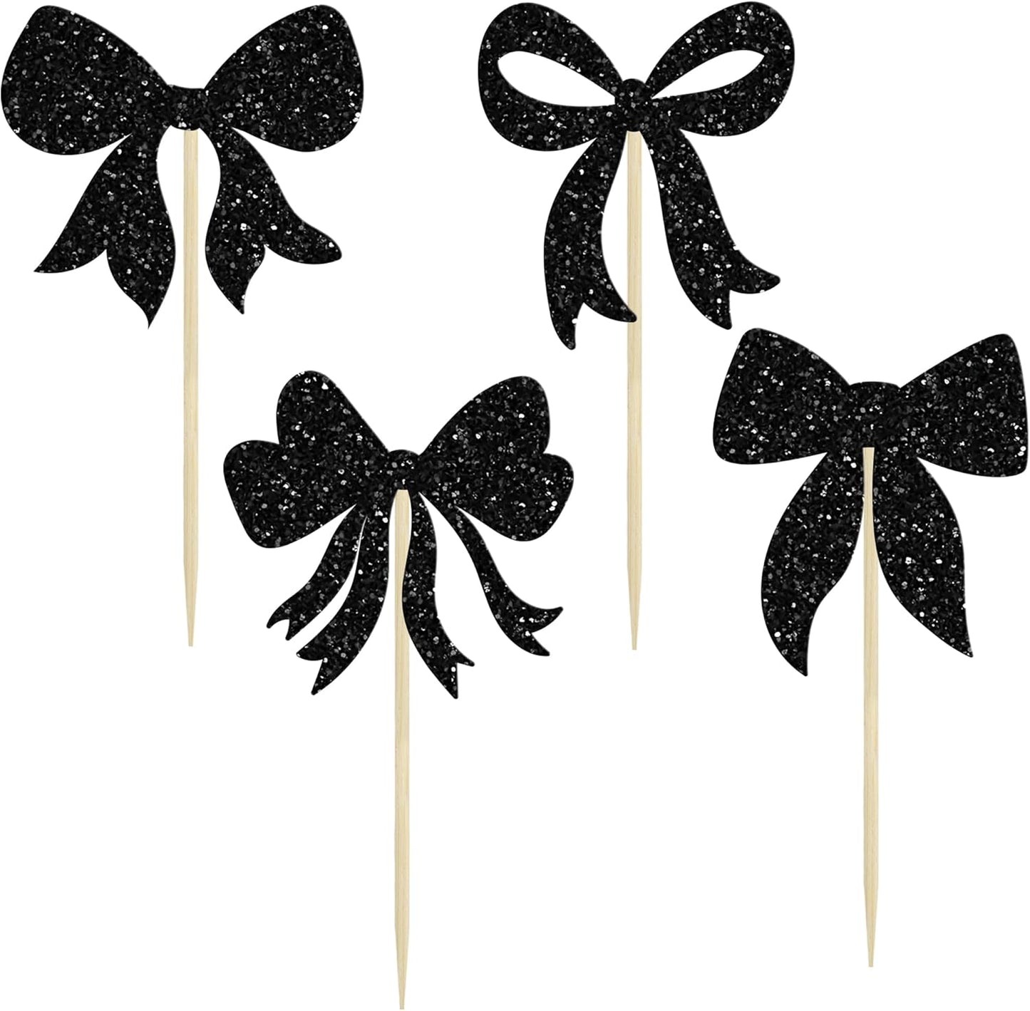 Gyufise 36Pcs Bow Cupcake Toppers Glitter Girls Birthday Decorations Bowknot Cupcake Picks Bow Tie Birthday Decorations Bow Cake Toppers for Bridal Baby Shower Bachelorette Party Supplies Black