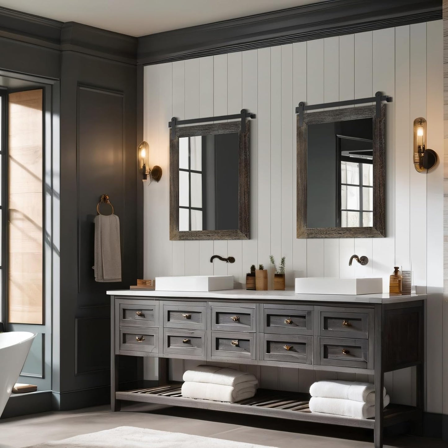 COGOOD Farmhouse Barn Door Mirror - 21" x 30" Rustic Wood Framed Wall Mirror for Bathroom, Living Room, Entryway Wall Decor (Speckled White)