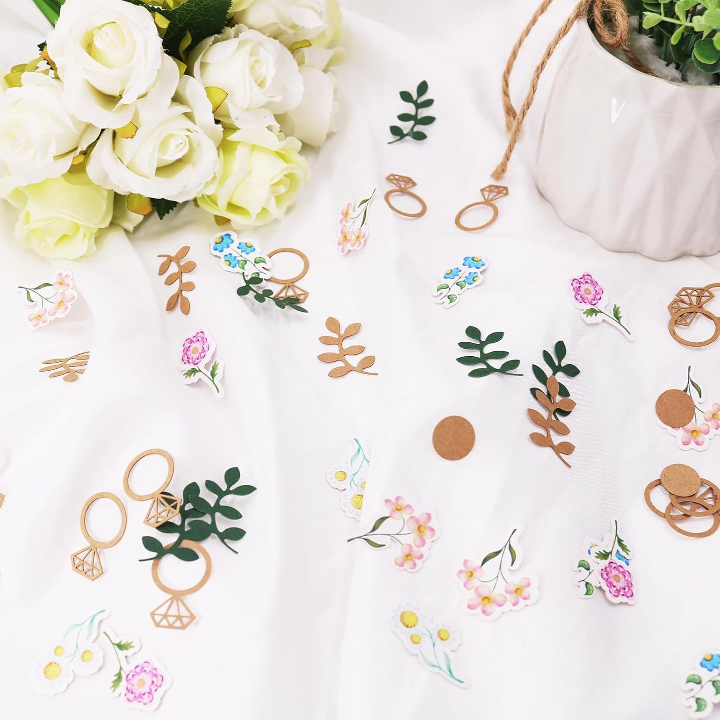 200pcs Flower and Greenery Wedding Confetti for Tables, Rustic Vintage Off The Market Bridal Shower Decor, Sage Green Bachelorette Confetti for Engagement Wedding Shower Decorations.