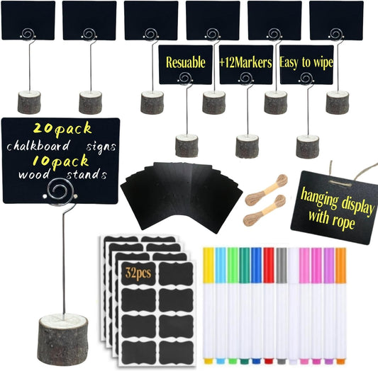 20 Pack Mini Chalkboard Signs Food Tags for Party Buffet with 10 Wooden Stands, Reusable Hanging Chalk Boards for Weddings Bakery Birthday Place Cards, Table Numbers