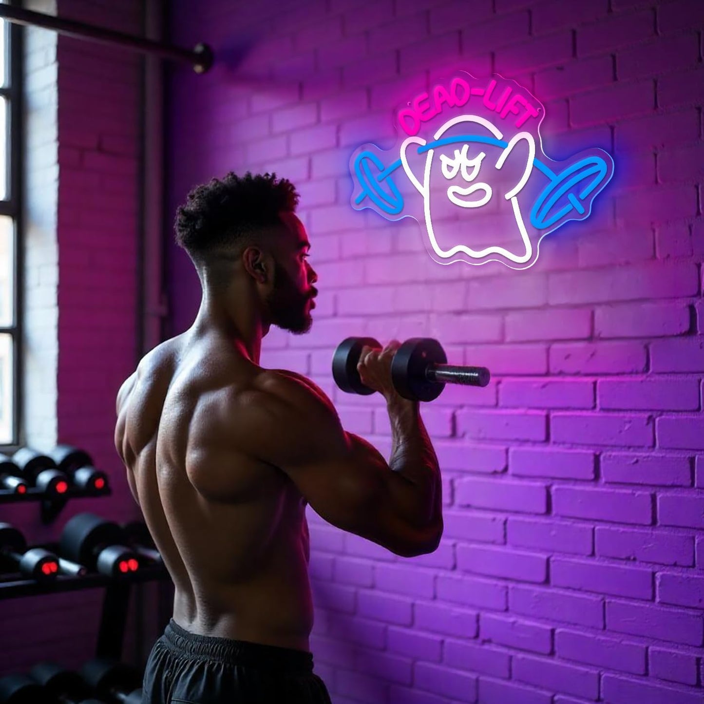 Dumbbell Neon Sign,Neon Signs for Wall Decor,Gym Neon Sign,Ghost Dead Lift Led Sign,Barbell Led Signs for Wall,USB Powered with Dimmable Switch Neon Lights for Bedroom,Gym Decor,Workout