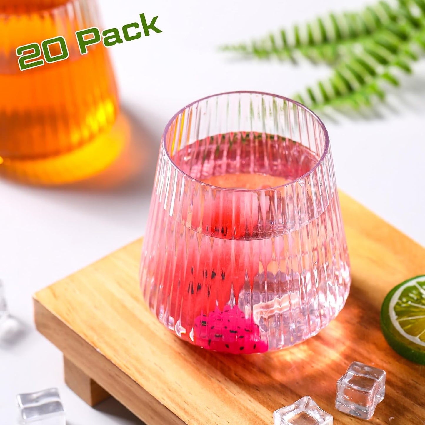 Suclain 20 Pcs Plastic Wine Glasses Ribbed Stemless Wine Glasses 14oz Vertical Design Unbreakable Cups for Outdoor Indoor Vintage Elegant Champagne Whiskey Glasses for Christmas Party Wedding