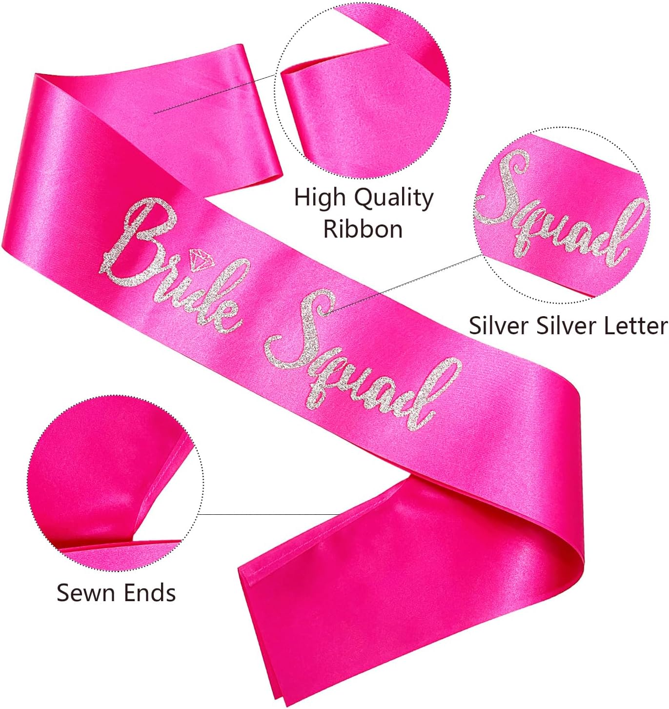 Bride Squad Sashes, 6 Pack Silver Glitter Bachelorette Party Sash for Bridal Shower Wedding Party Accessories Supplies Engagement Gifts Hot Pink