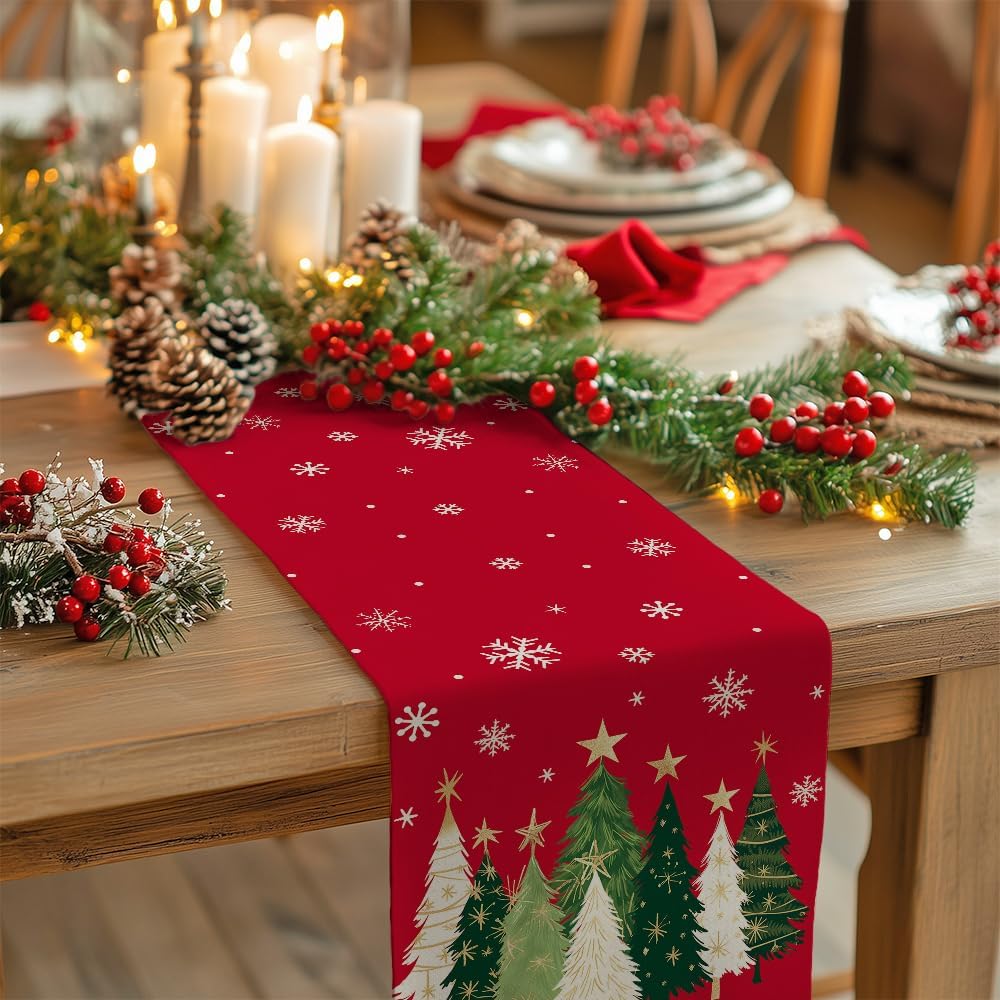 GEEORY Christmas Table Runner 13x36 Inch, Xmas Trees Snowflakes Holiday Decorative Farmhouse Table Decoration for Kitchen Dinning, Indoor Outdoor Dinner Party Decor (Red) GT150-36