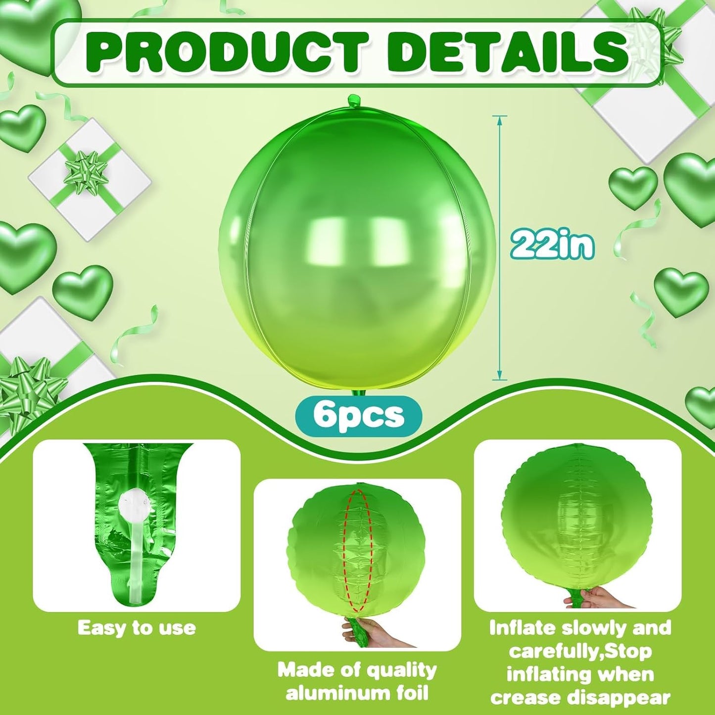 6Pcs Gradient Green Round Foil Balloons,Giant 4D Round Ball Balloon,22 Inch Green Balloons for Birthday Wedding Graduation Prom Party Decorations