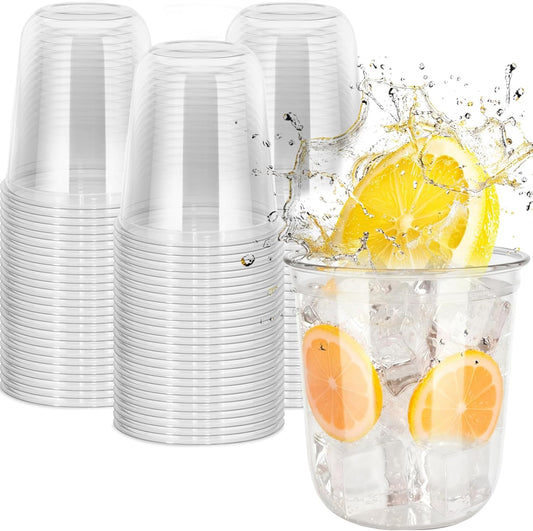 60 Pcs Disposable Stemless Clear Glasses 12 oz NATURAL Arc Crystal Plastic wine glasses Clear Classic Pet Cup for Meeting Weddings Birthdays Cocktail Christmas Party Supplies