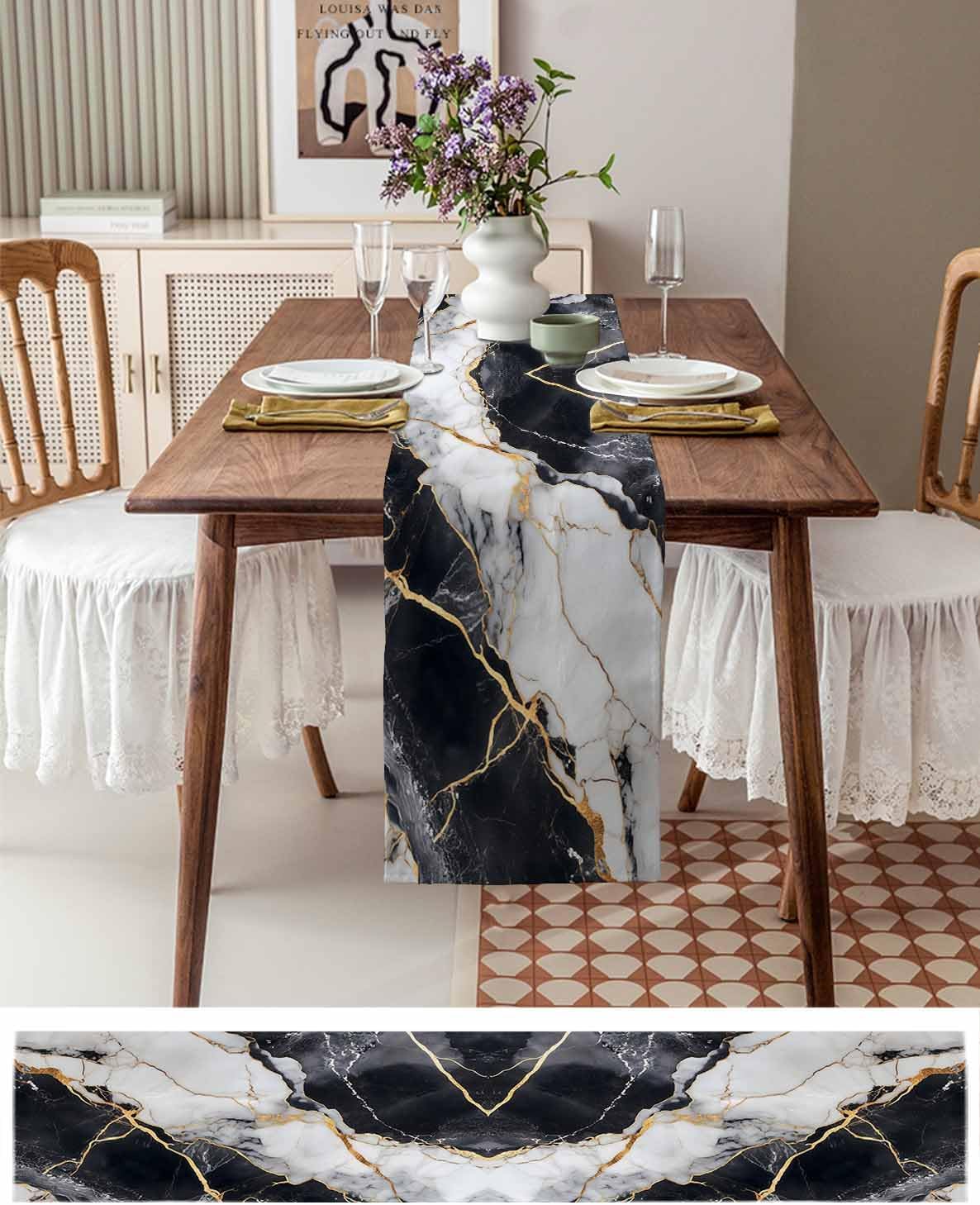 Black White Marble Cotton Linen Table Runner for Dining Kitchen, Wedding Outdoor Party Tablerunners Decoration, Nature Marble Crack Modern Art Dresser Scarf Coffee Tablecloth Runners 13x90 Inches