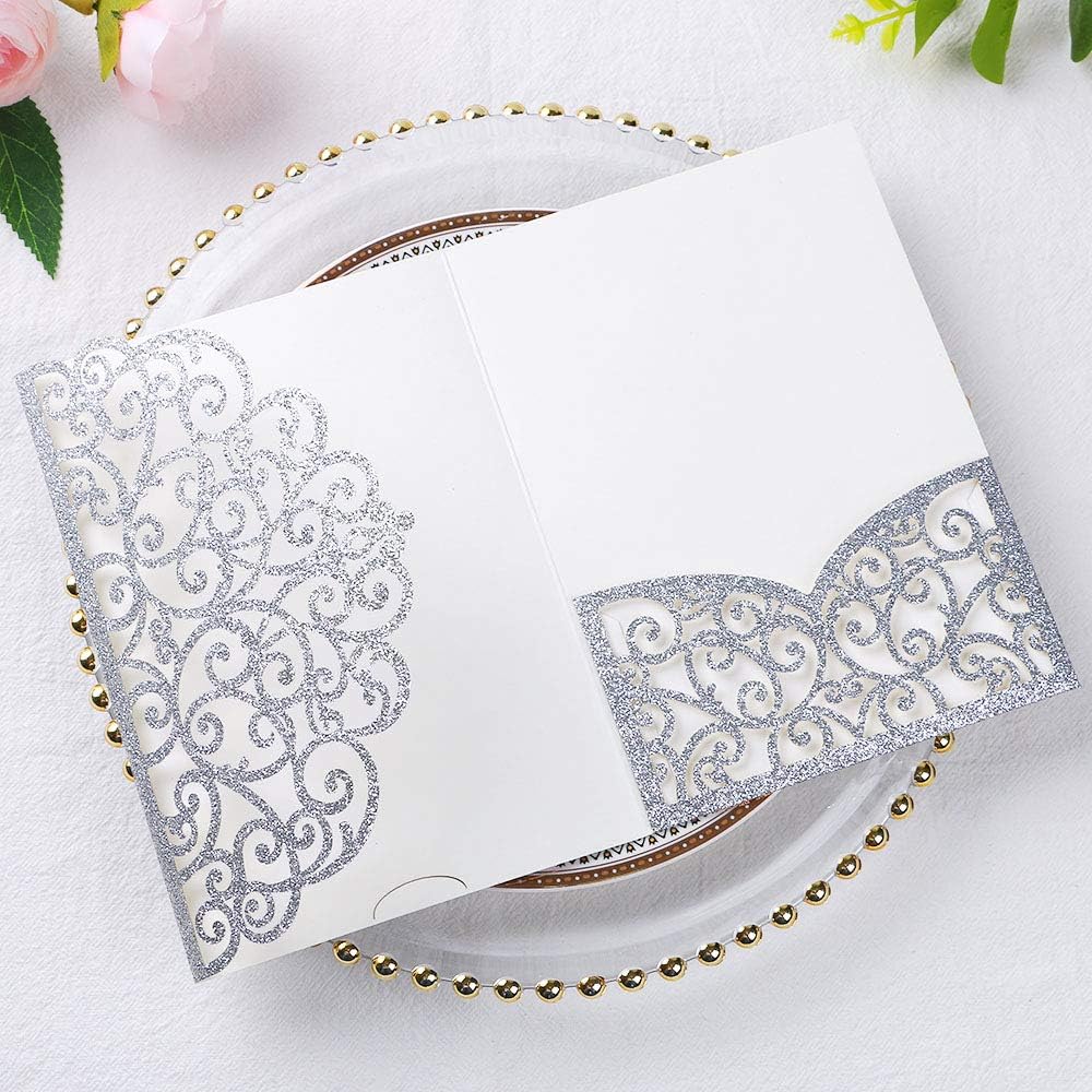 PONATIA 5.12 x 7.2 Laser Cut Invitation Pocket, 20 Tri-Fold 5 x 7 Laser Cut Wedding Invitation Pockets with Envelopes for Wedding Bbay Shower Birthday Sweet 16 Invite (Silver Glitter, No Inner Sheet)