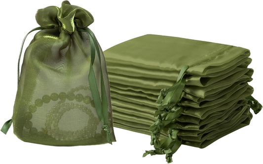 QIANF 20 Pcs Moss Green Small Organza Bags 4X6 inch for Wedding Favors with Drawstring, Mini Mesh Gift Bags Jewelry Pouch for Candy Bridal Shower Party Favor Baby Shower Christmas