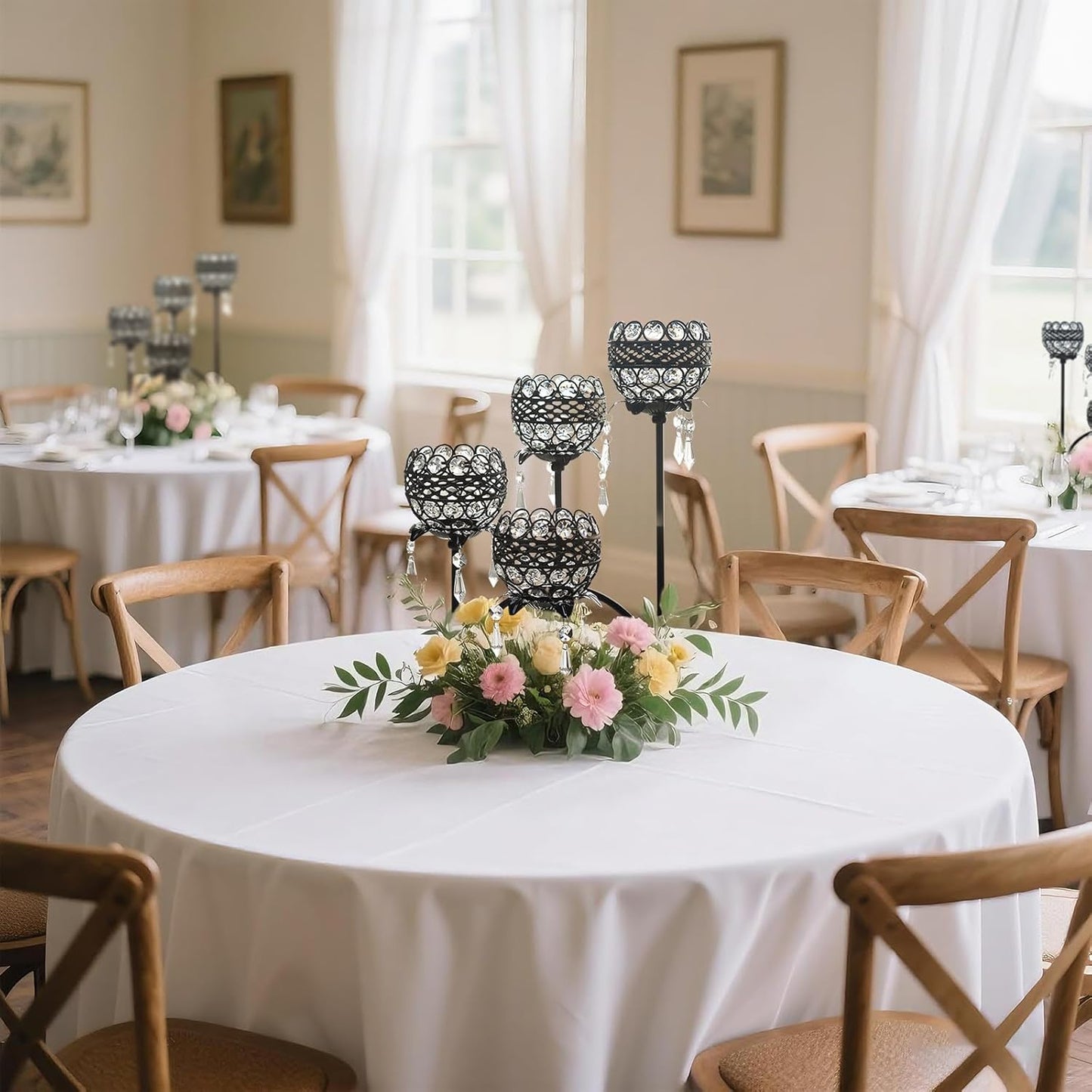 4 Arms Crystal Candelabra Tealight Holder - Tall 15.7 Inch Elegant Centerpiece with Crystal Pendant Bowls & Artistic Metal Stand for Wedding, Dining Table, Home Decor (2, Black)