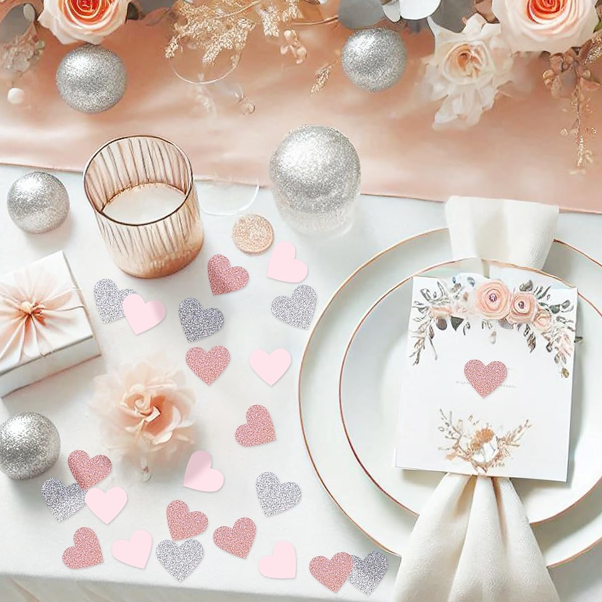Rose Gold Pink Silver Party Decorations - 300pcs Paper Heart Confetti for Engagement Mothers Day Wedding Anniversary Romantic Bridal Shower Women Birthday Valentines Day Table Decor HongTongTong