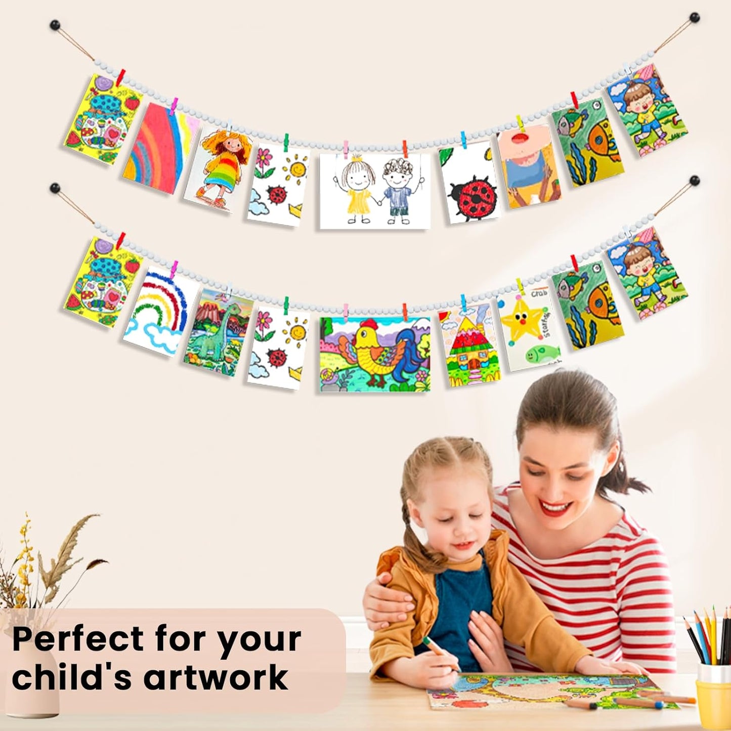 Hanging Photo Display with Clips, Boho Wooden Bead Garland Collage Picture Frame Wall Decor, Photo String with 10 Different Random Colors Wood Clips for Bedroom Room Decor, Christmas Teen Girls Gifts