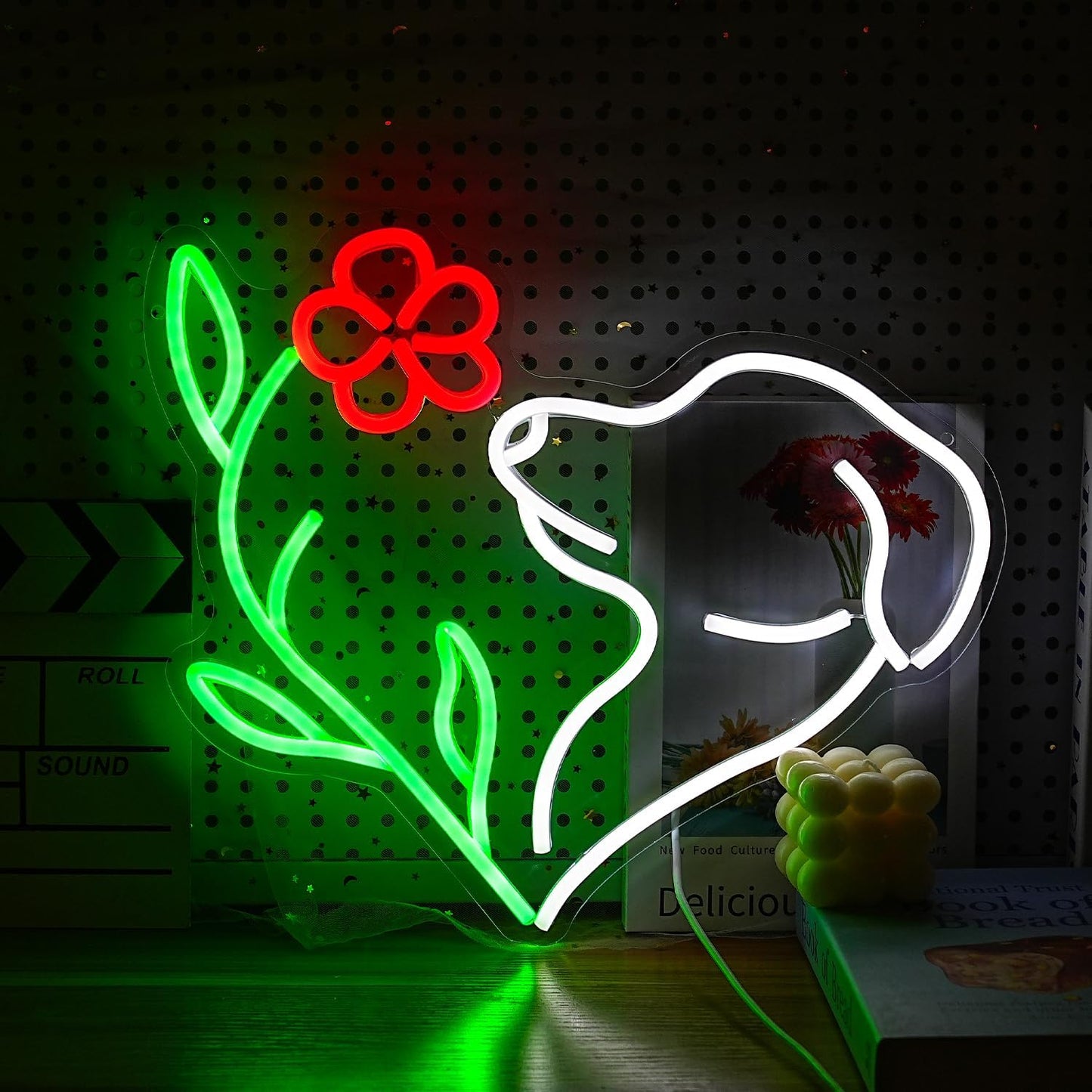 Cute Dog Neon Sign LED Flower Neon Light Suitable for Wall Decor Powered by USB Dimmable Love Dog Light Up Sign for Pet Shop Flower Shop Bedroom Gifts For Lover(15.7 * 12.4In)