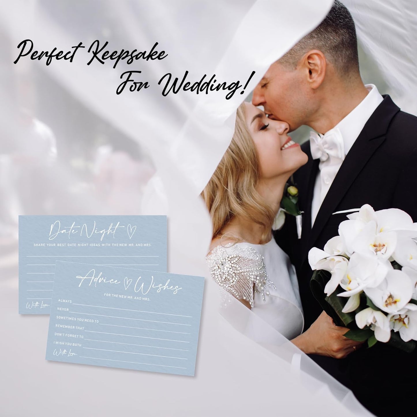 Advice & Wishes Card Set - Minimalism Blue - 15 Advice & Wishes Cards & 15 Date Night Cards Cards For New Couple, Newlyweds, Engagement, Wedding Party Favor & Supplies - B02