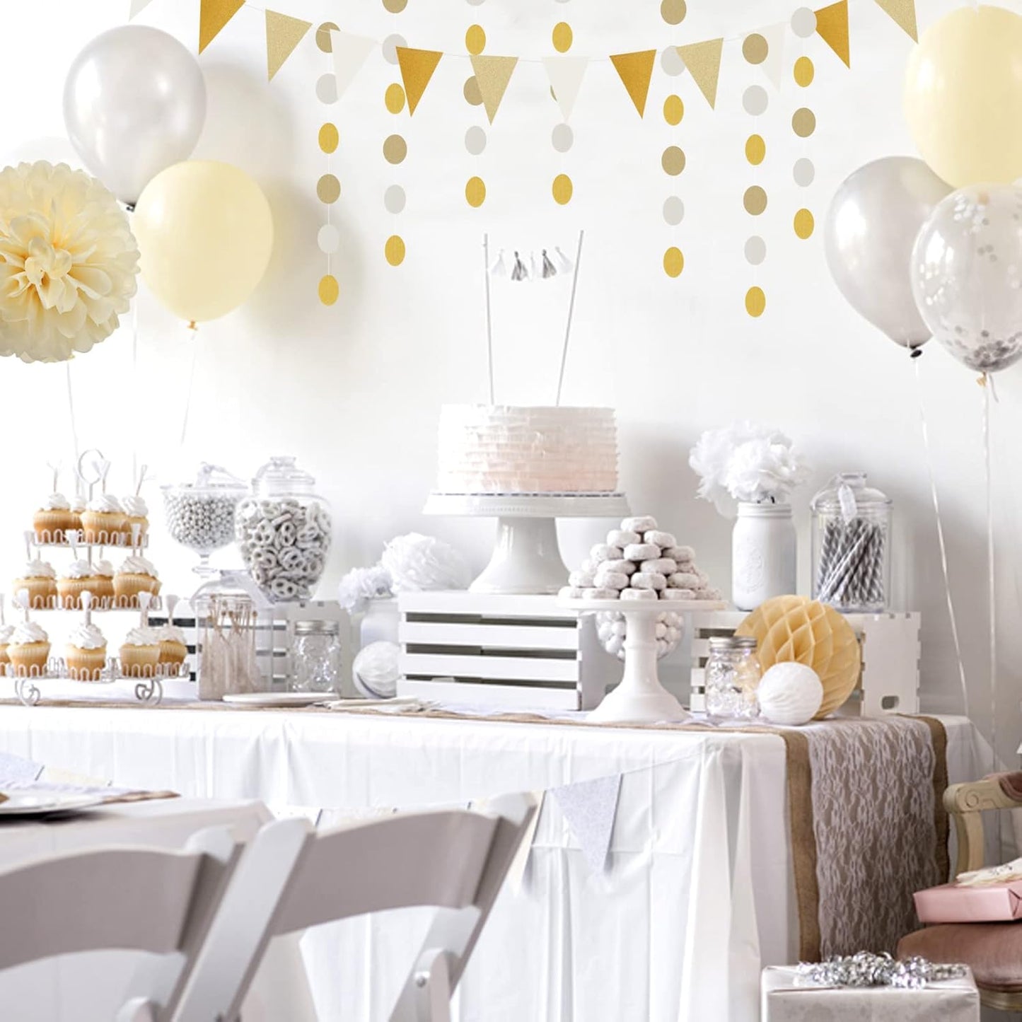 White Gold Champagne Party Decorations - 23pcs Tissue Pom Poms Streamers,Christmas Wedding Engagement Tassel Garland Banner,Bachelorette Neutral Birthday Baby Bridal Shower Decor Lasting Surprise