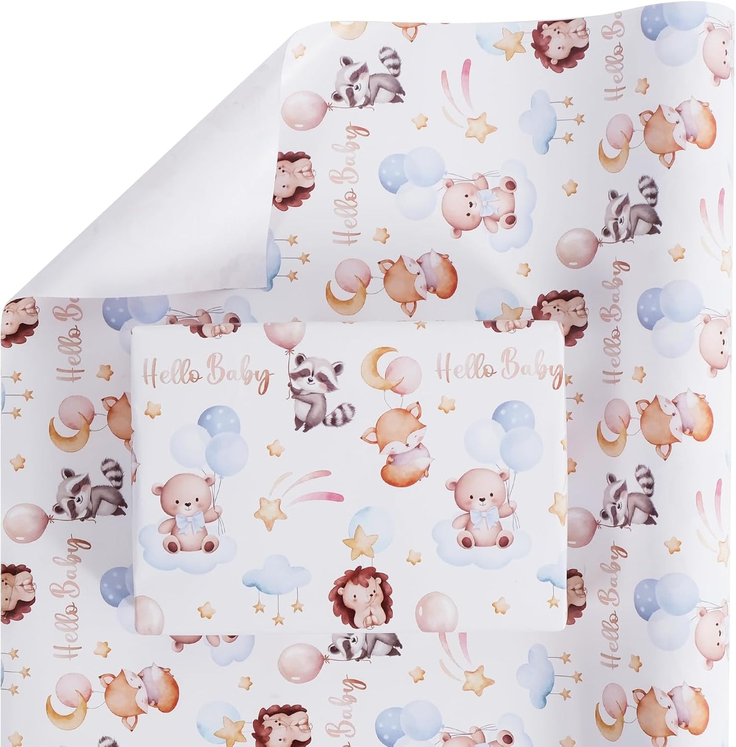 Aimyoo Baby Shower Wrapping Paper Roll - 17 Inch x 32.8 Feet - Cute Animal with Hello Baby Letter Design Perfect for Boys Girls, Birthday, Party